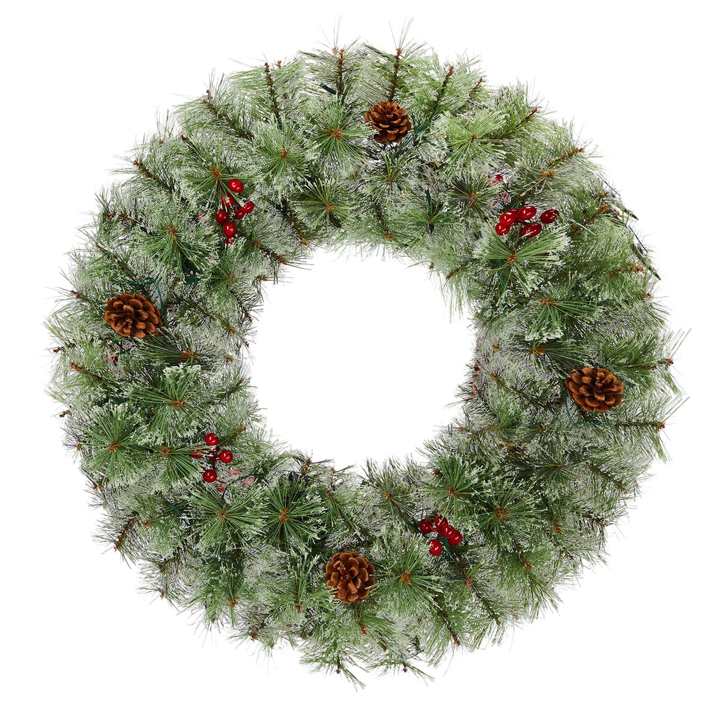 2 Pack 24 Inch Pre-Lit Artificial Christmas Wreath, Snowy Green Wreath with 100 Warm White LED Lights, 8 Lighting Modes, Pine Cones & Red Berries for Front Door Holiday Decor