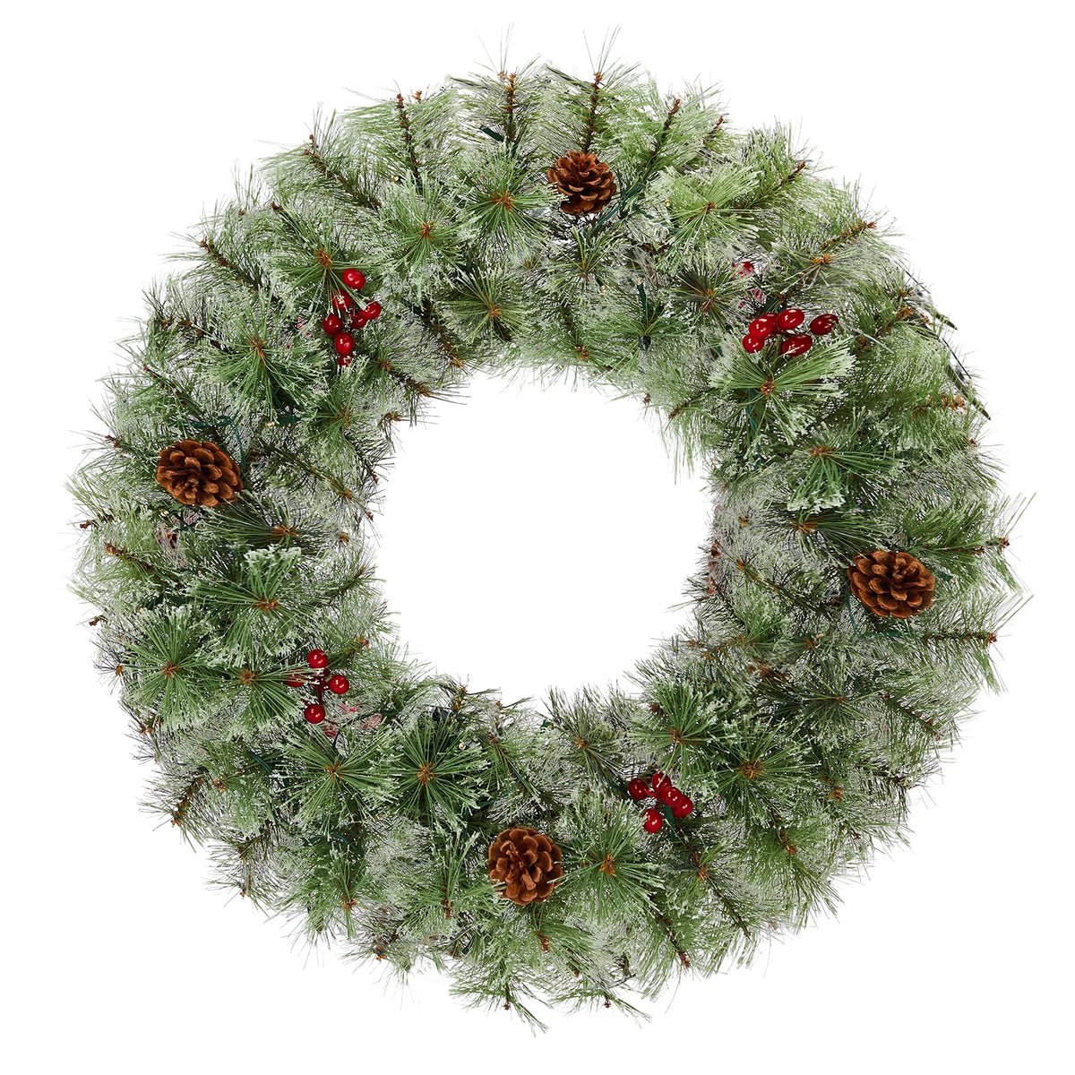 2 Pack 24 Inch Pre-Lit Artificial Christmas Wreath, Snowy Green Wreath with 100 Warm White LED Lights, 8 Lighting Modes, Pine Cones & Red Berries for Front Door Holiday Decor