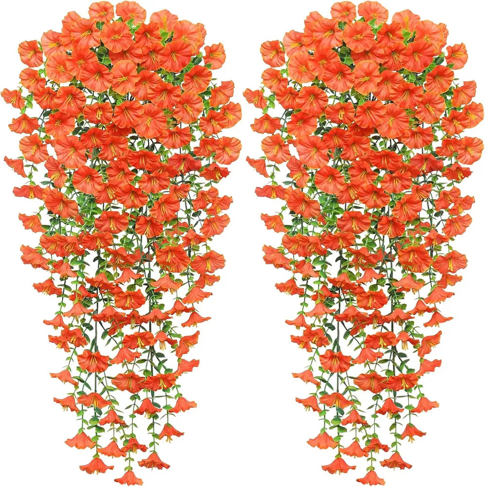 2 Pack Artificial Fall Hanging Flowers, 23.6in UV Resistant Trailing Morning Glory Vines, Orange Silk Fake Hanging Plants for Porch Garden Thanksgiving Autumn Decor