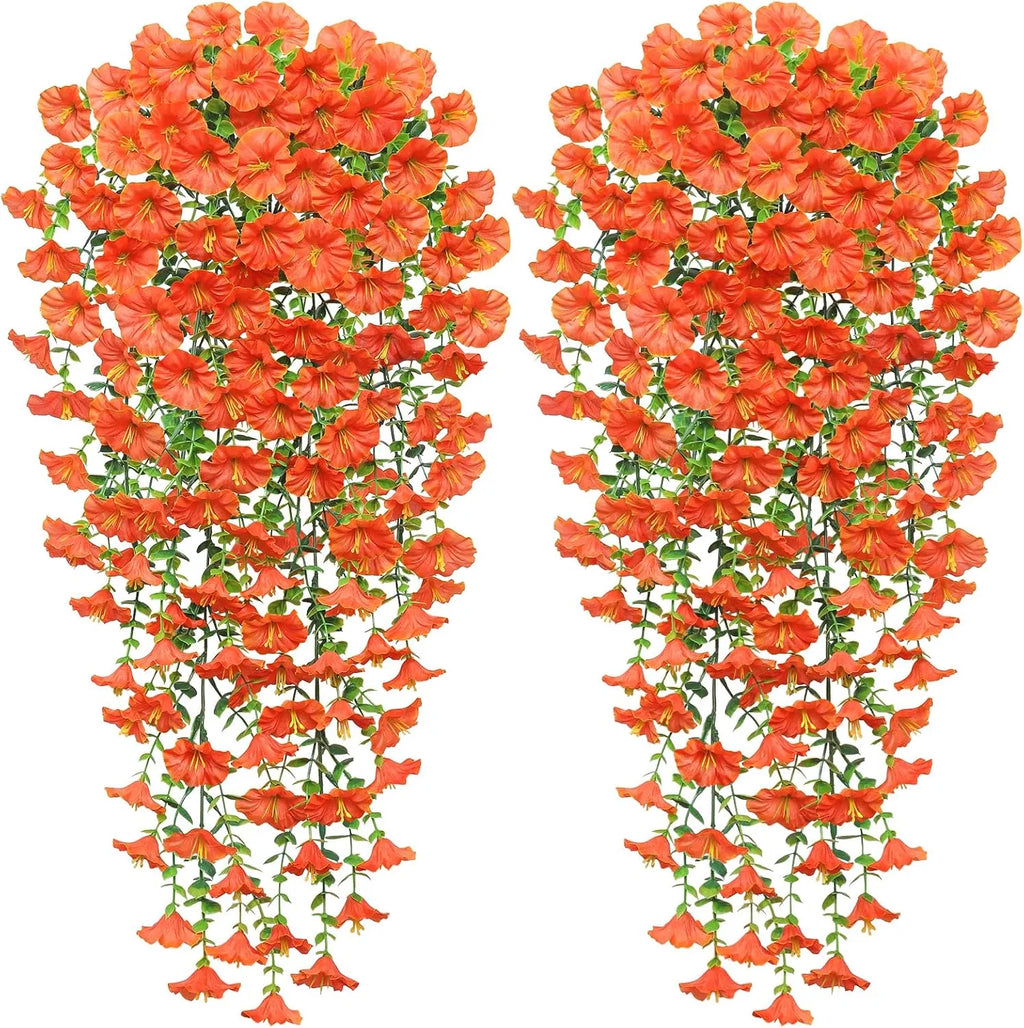 2 Pack Artificial Fall Hanging Flowers, 23.6in UV Resistant Trailing Morning Glory Vines, Orange Silk Fake Hanging Plants for Porch Garden Thanksgiving Autumn Decor