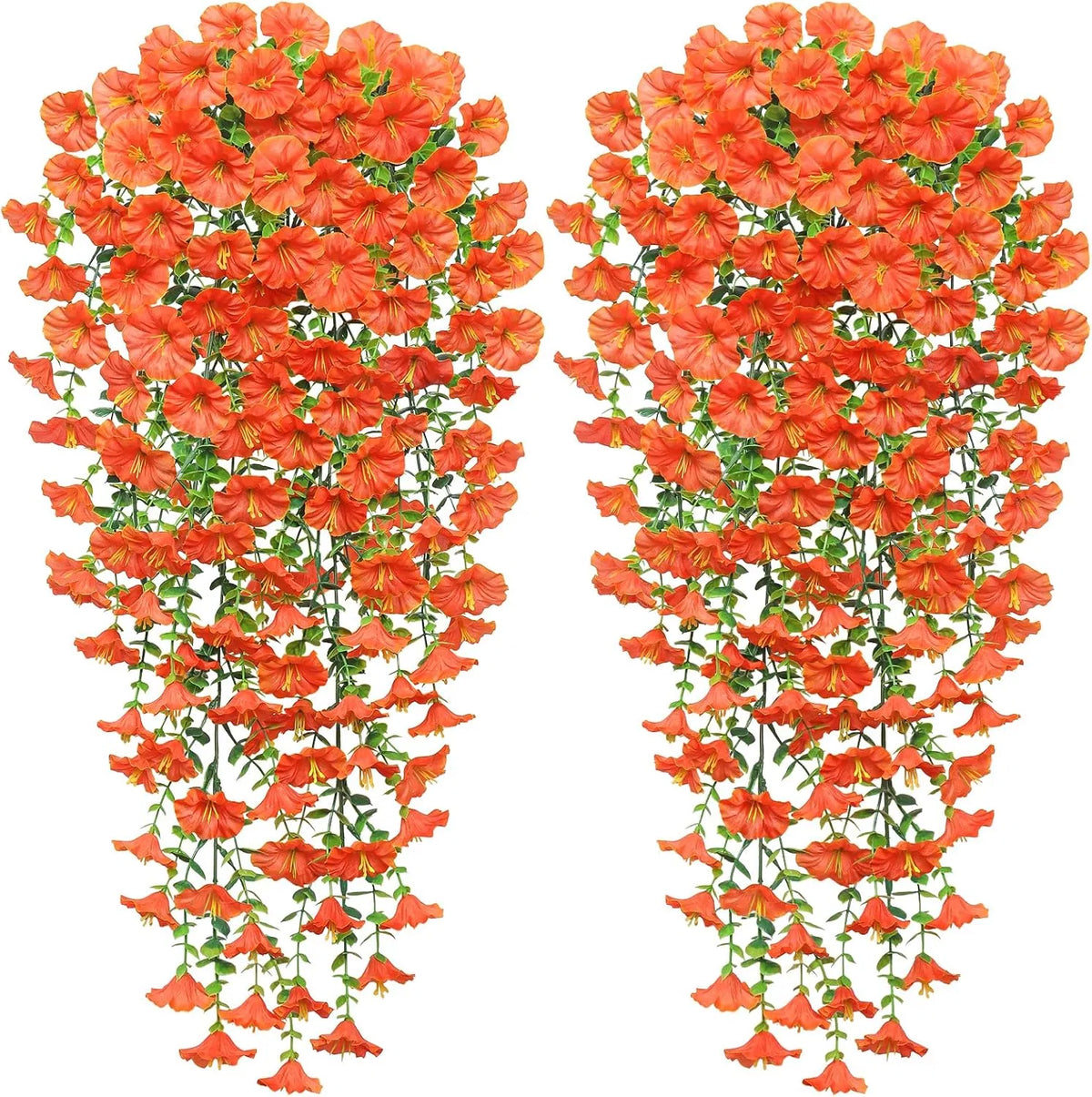 2 Pack Artificial Fall Hanging Flowers, 23.6in UV Resistant Trailing Morning Glory Vines, Orange Silk Fake Hanging Plants for Porch Garden Thanksgiving Autumn Decor