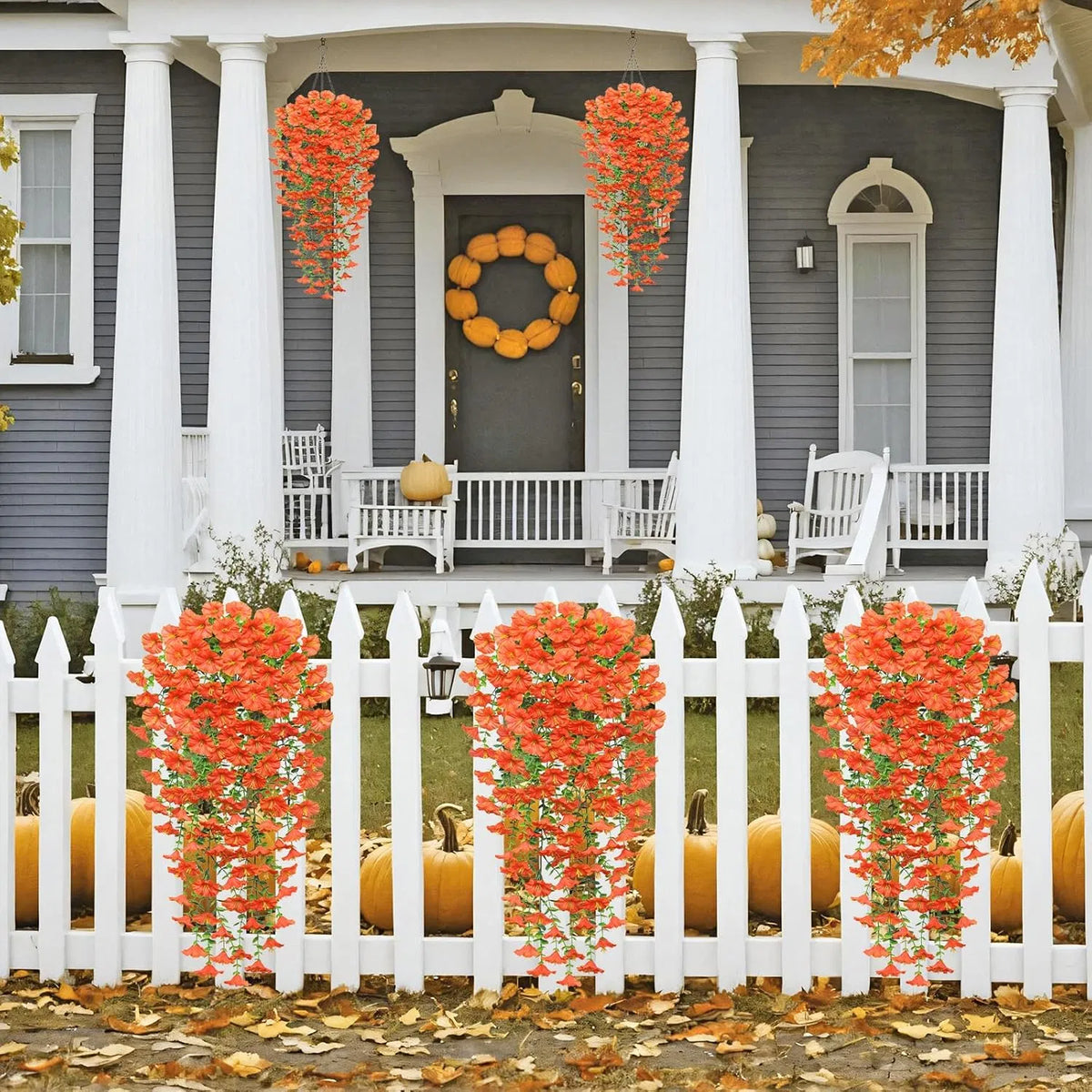 2 Pack Artificial Fall Hanging Flowers, 23.6in UV Resistant Trailing Morning Glory Vines, Orange Silk Fake Hanging Plants for Porch Garden Thanksgiving Autumn Decor