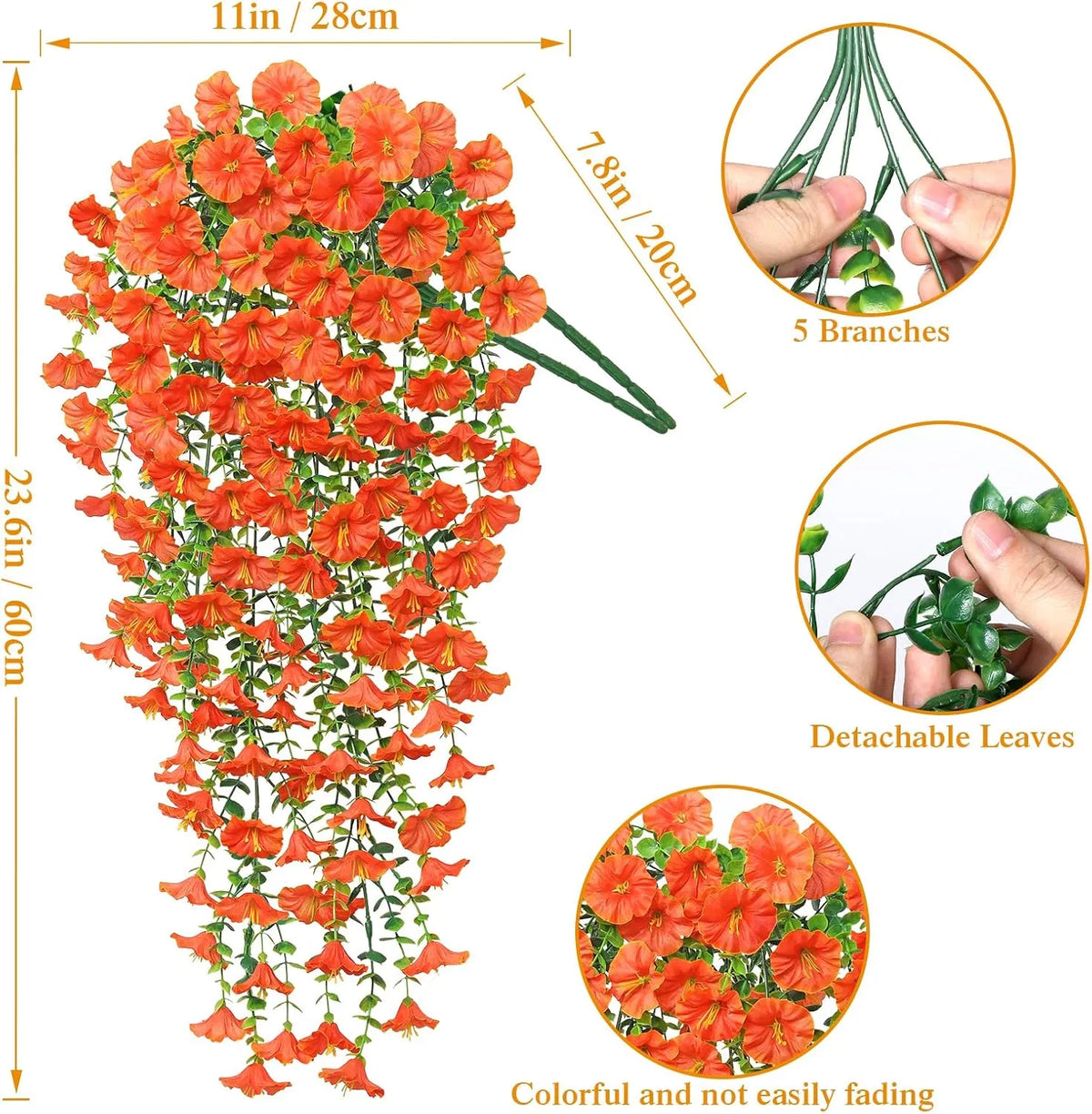2 Pack Artificial Fall Hanging Flowers, 23.6in UV Resistant Trailing Morning Glory Vines, Orange Silk Fake Hanging Plants for Porch Garden Thanksgiving Autumn Decor