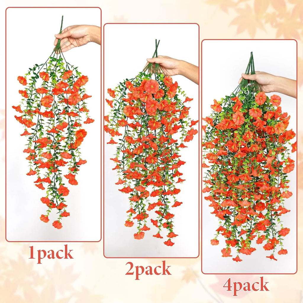 2 Pack Artificial Fall Hanging Flowers, 23.6in UV Resistant Trailing Morning Glory Vines, Orange Silk Fake Hanging Plants for Porch Garden Thanksgiving Autumn Decor