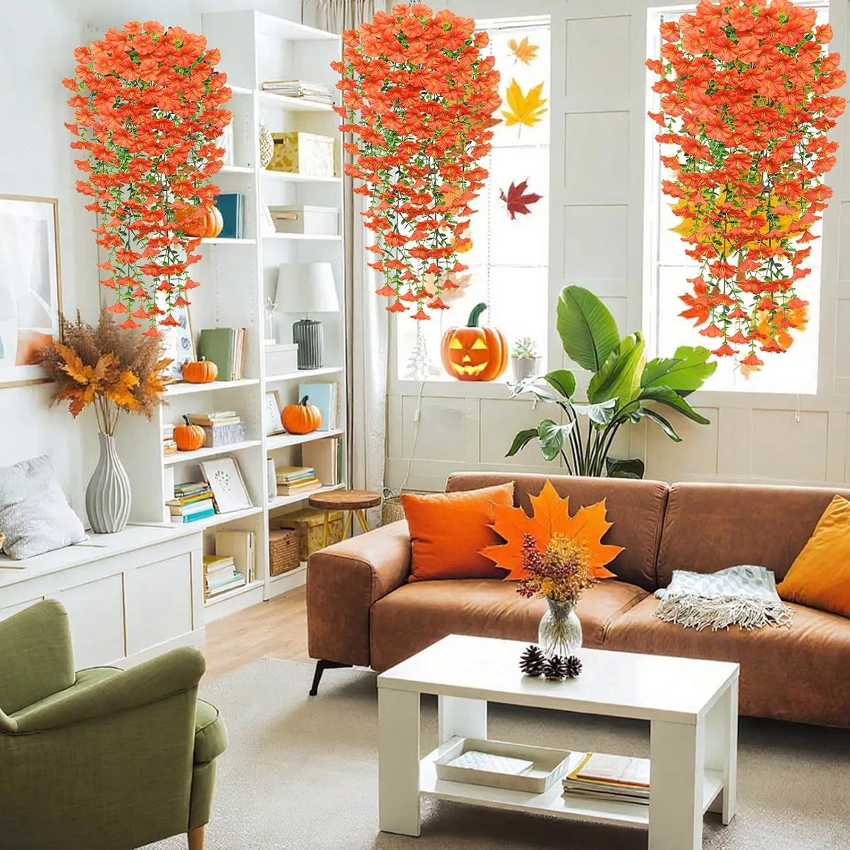 2 Pack Artificial Fall Hanging Flowers, 23.6in UV Resistant Trailing Morning Glory Vines, Orange Silk Fake Hanging Plants for Porch Garden Thanksgiving Autumn Decor