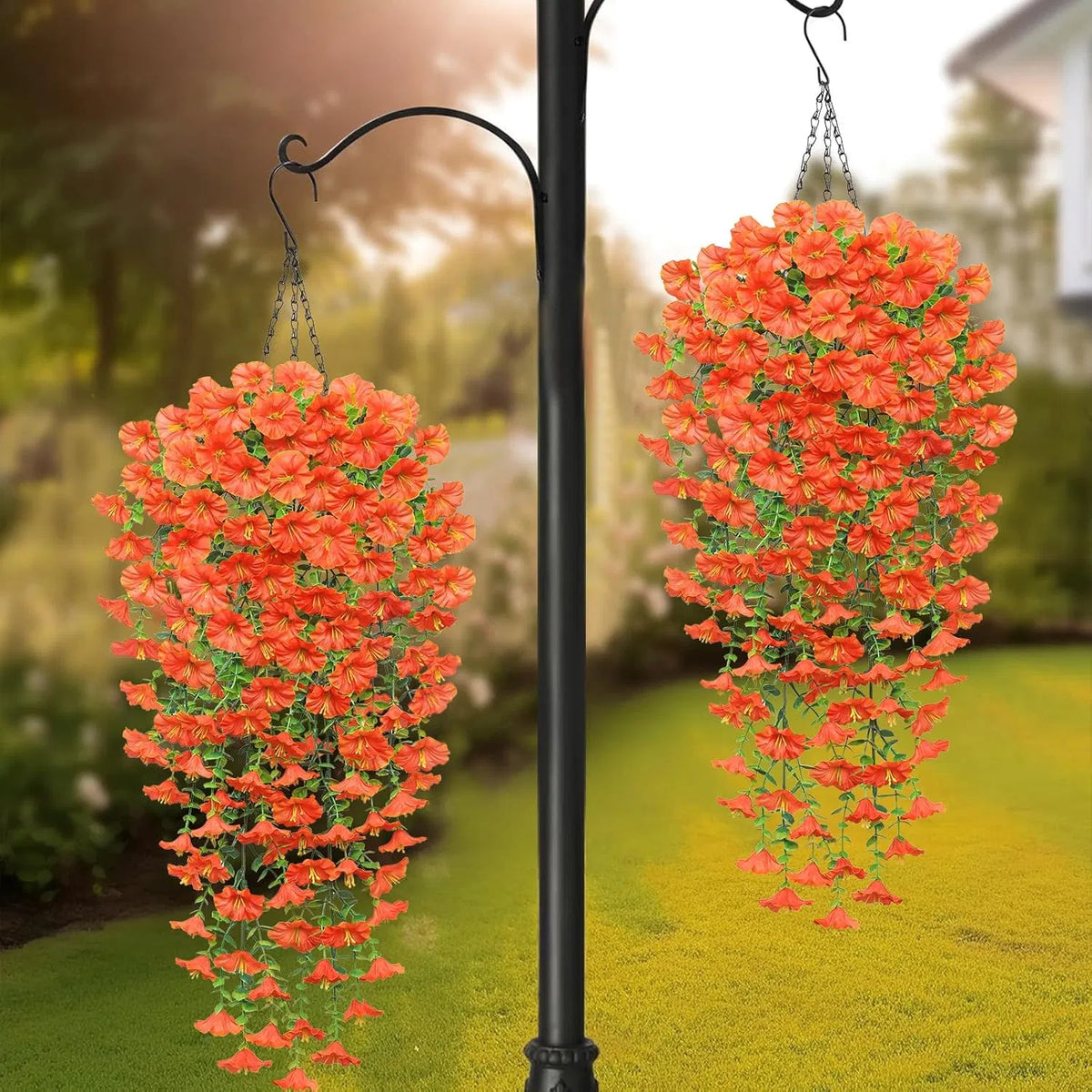 2 Pack Artificial Fall Hanging Flowers, 23.6in UV Resistant Trailing Morning Glory Vines, Orange Silk Fake Hanging Plants for Porch Garden Thanksgiving Autumn Decor