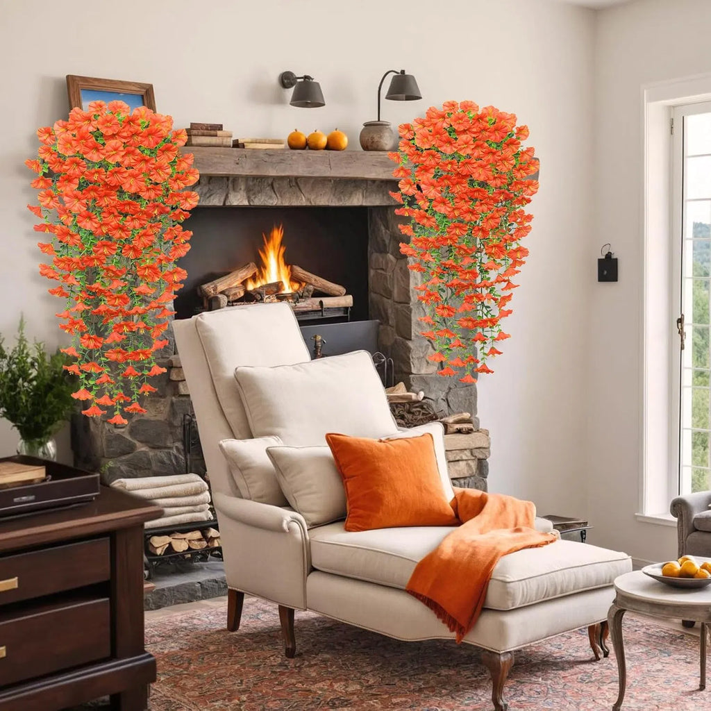 2 Pack Artificial Fall Hanging Flowers, 23.6in UV Resistant Trailing Morning Glory Vines, Orange Silk Fake Hanging Plants for Porch Garden Thanksgiving Autumn Decor