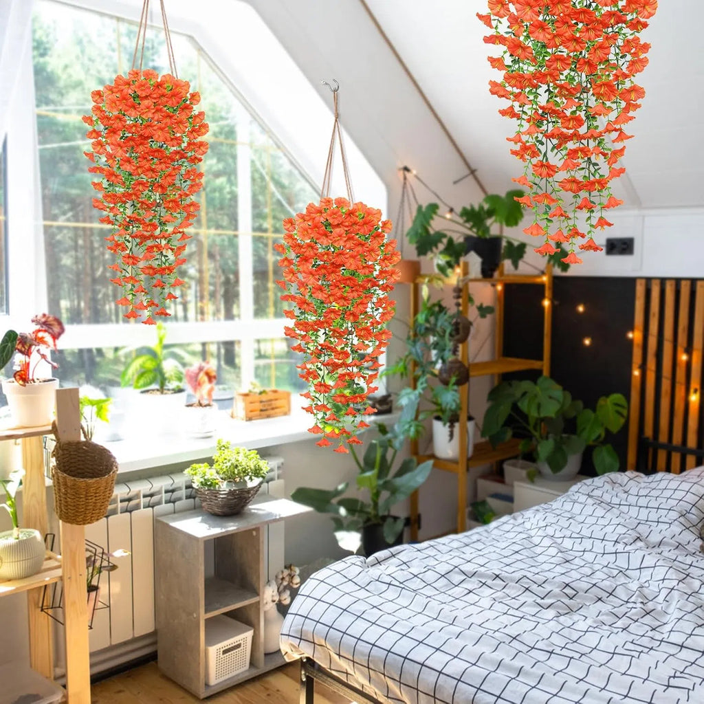 2 Pack Artificial Fall Hanging Flowers, 23.6in UV Resistant Trailing Morning Glory Vines, Orange Silk Fake Hanging Plants for Porch Garden Thanksgiving Autumn Decor