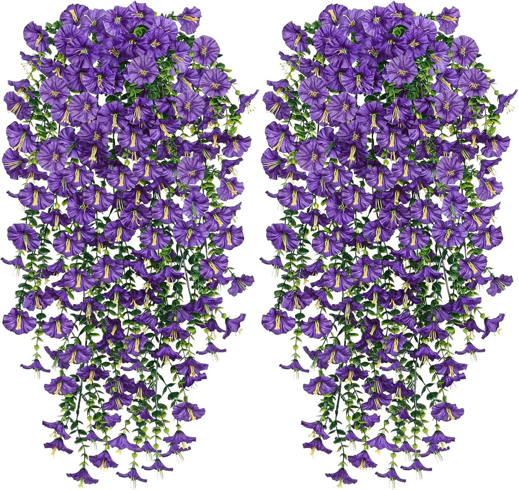 Artificial Hanging Morning Glory Flowers, 2 Pack UV Resistant Fake Purple Trailing Vine, Faux Silk Hanging Plant for Outdoor Porch Patio Garden Wall Home Decor
