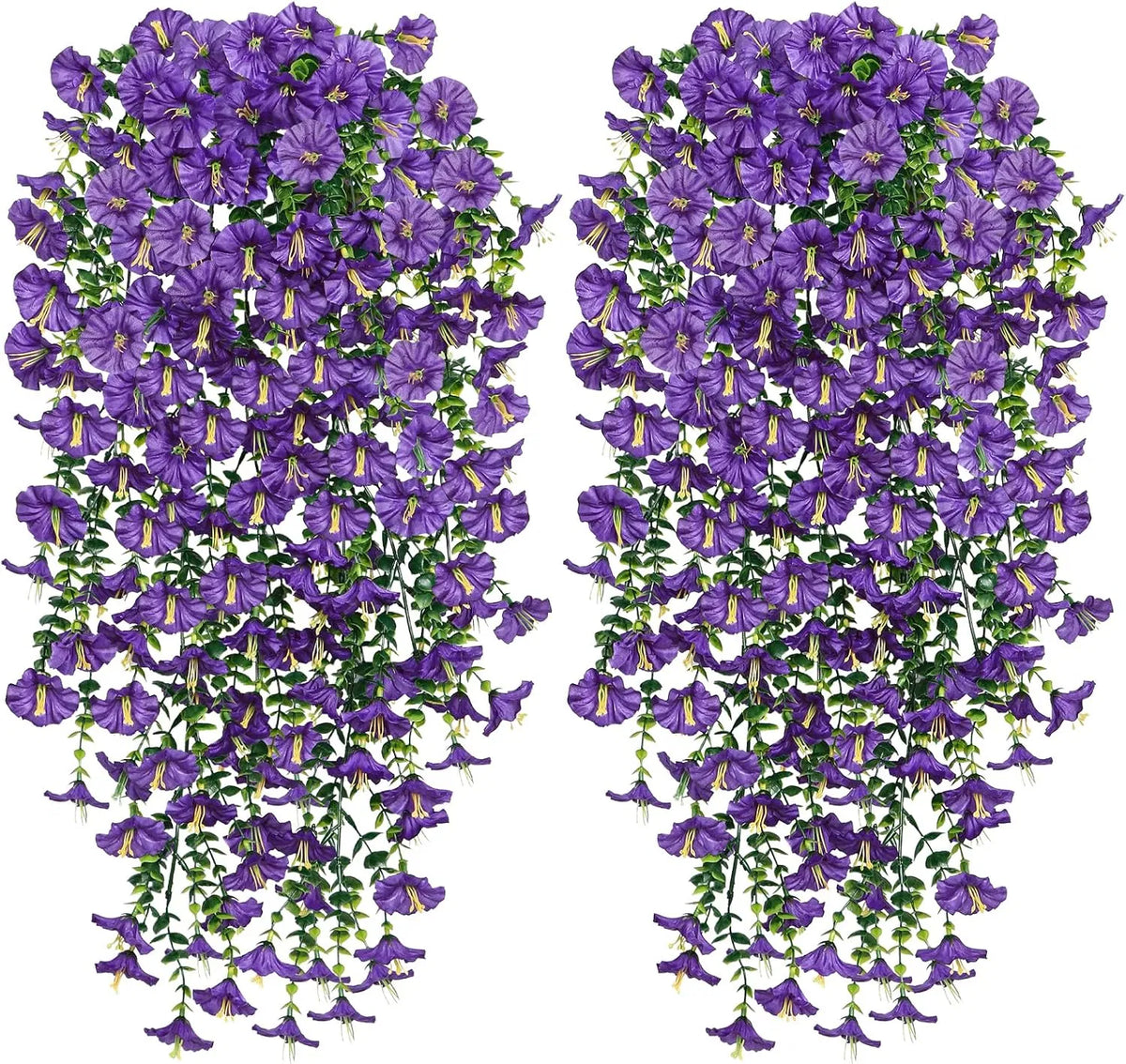 Artificial Hanging Morning Glory Flowers, 2 Pack UV Resistant Fake Purple Trailing Vine, Faux Silk Hanging Plant for Outdoor Porch Patio Garden Wall Home Decor
