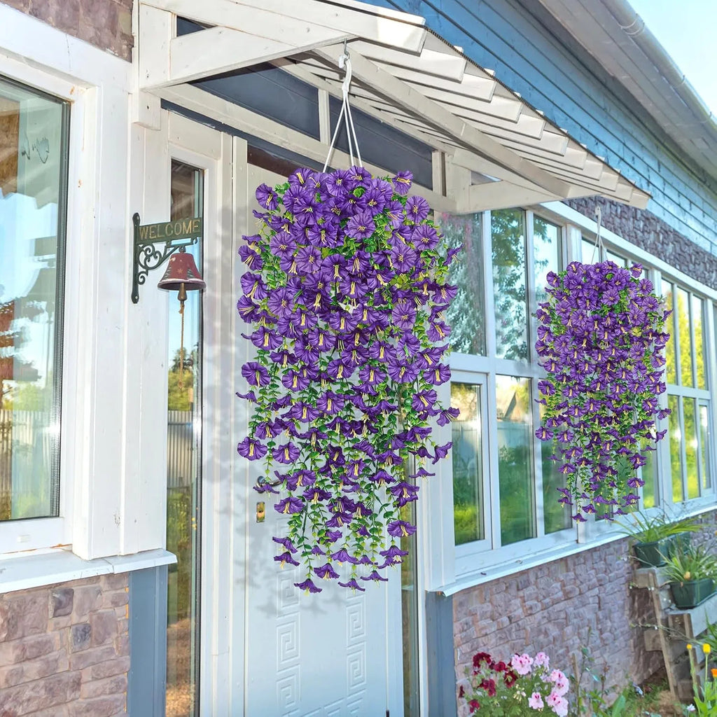 Artificial Hanging Morning Glory Flowers, 2 Pack UV Resistant Fake Purple Trailing Vine, Faux Silk Hanging Plant for Outdoor Porch Patio Garden Wall Home Decor