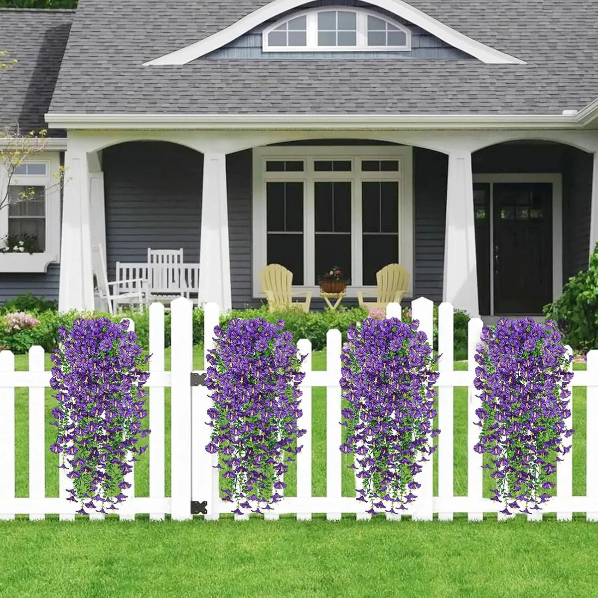 Artificial Hanging Morning Glory Flowers, 2 Pack UV Resistant Fake Purple Trailing Vine, Faux Silk Hanging Plant for Outdoor Porch Patio Garden Wall Home Decor