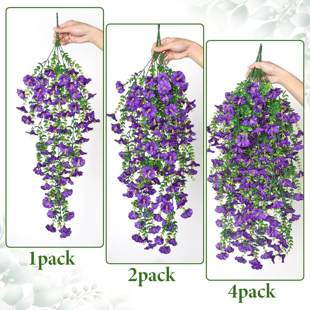 Artificial Hanging Morning Glory Flowers, 2 Pack UV Resistant Fake Purple Trailing Vine, Faux Silk Hanging Plant for Outdoor Porch Patio Garden Wall Home Decor