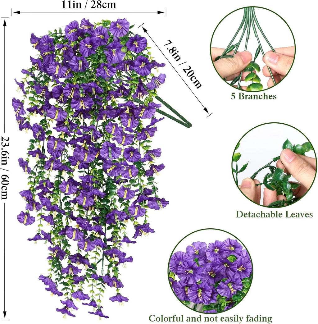 Artificial Hanging Morning Glory Flowers, 2 Pack UV Resistant Fake Purple Trailing Vine, Faux Silk Hanging Plant for Outdoor Porch Patio Garden Wall Home Decor