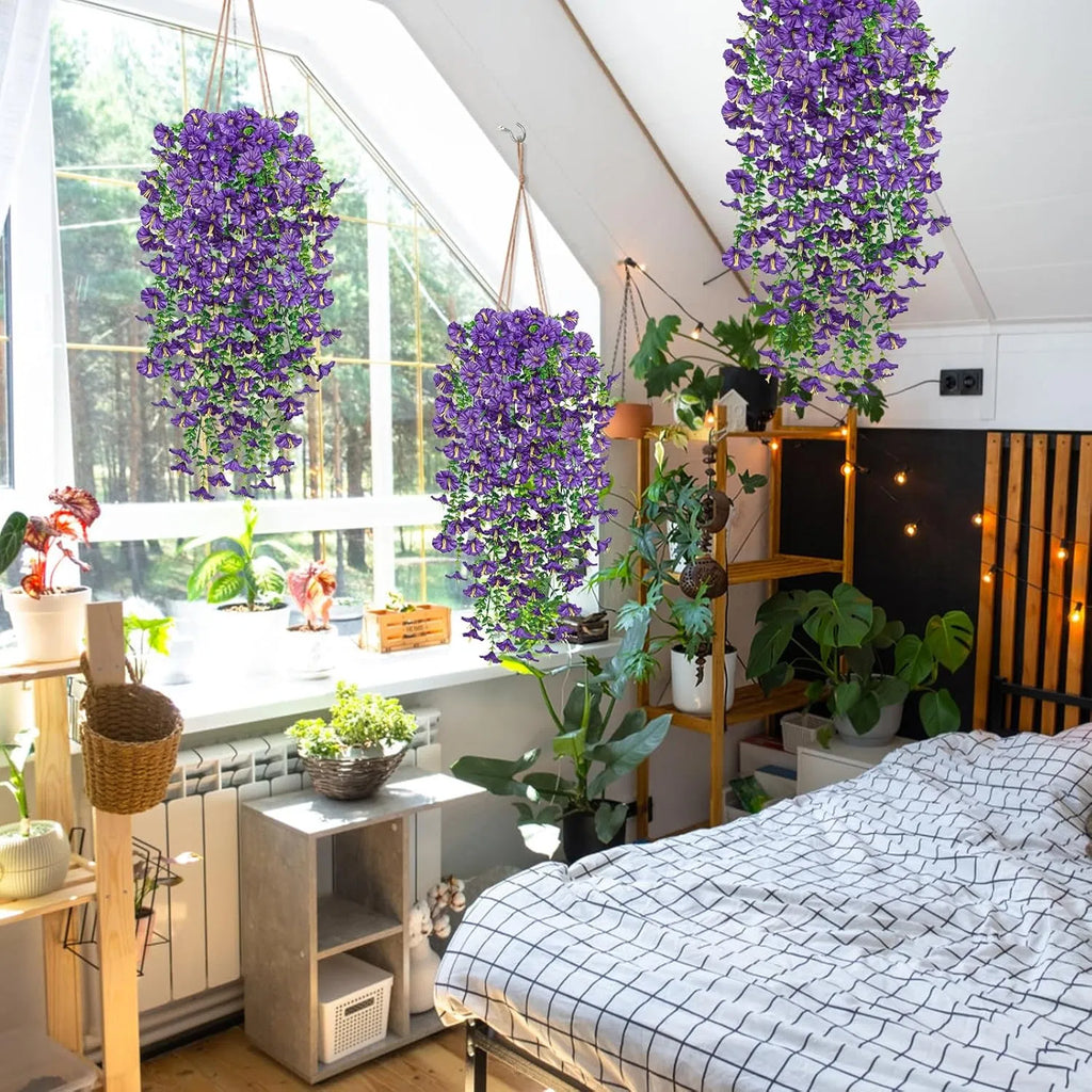 Artificial Hanging Morning Glory Flowers, 2 Pack UV Resistant Fake Purple Trailing Vine, Faux Silk Hanging Plant for Outdoor Porch Patio Garden Wall Home Decor