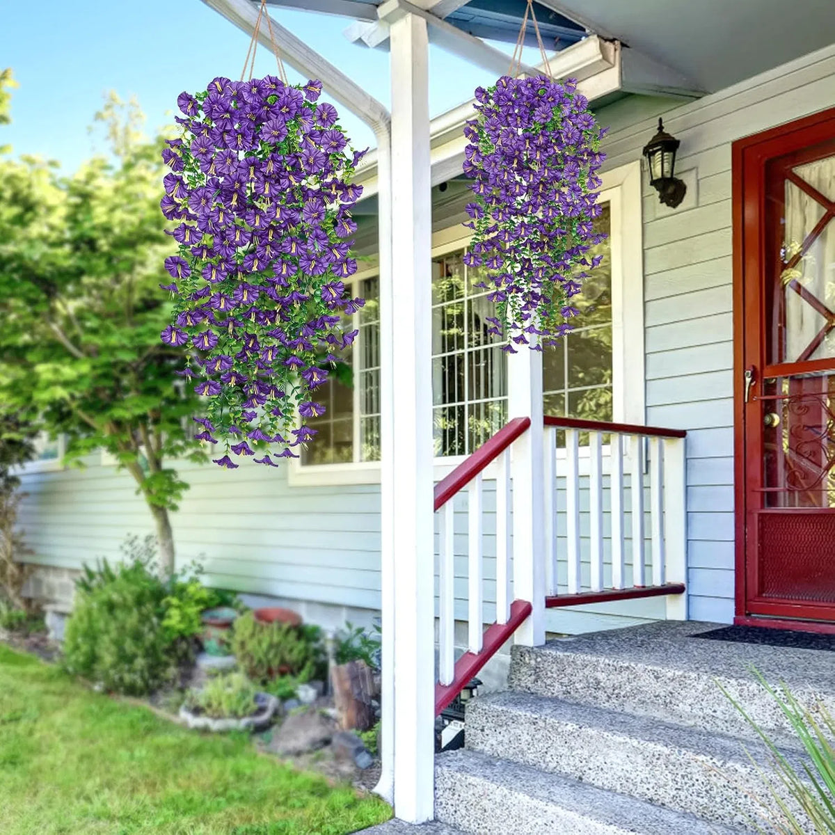 Artificial Hanging Morning Glory Flowers, 2 Pack UV Resistant Fake Purple Trailing Vine, Faux Silk Hanging Plant for Outdoor Porch Patio Garden Wall Home Decor