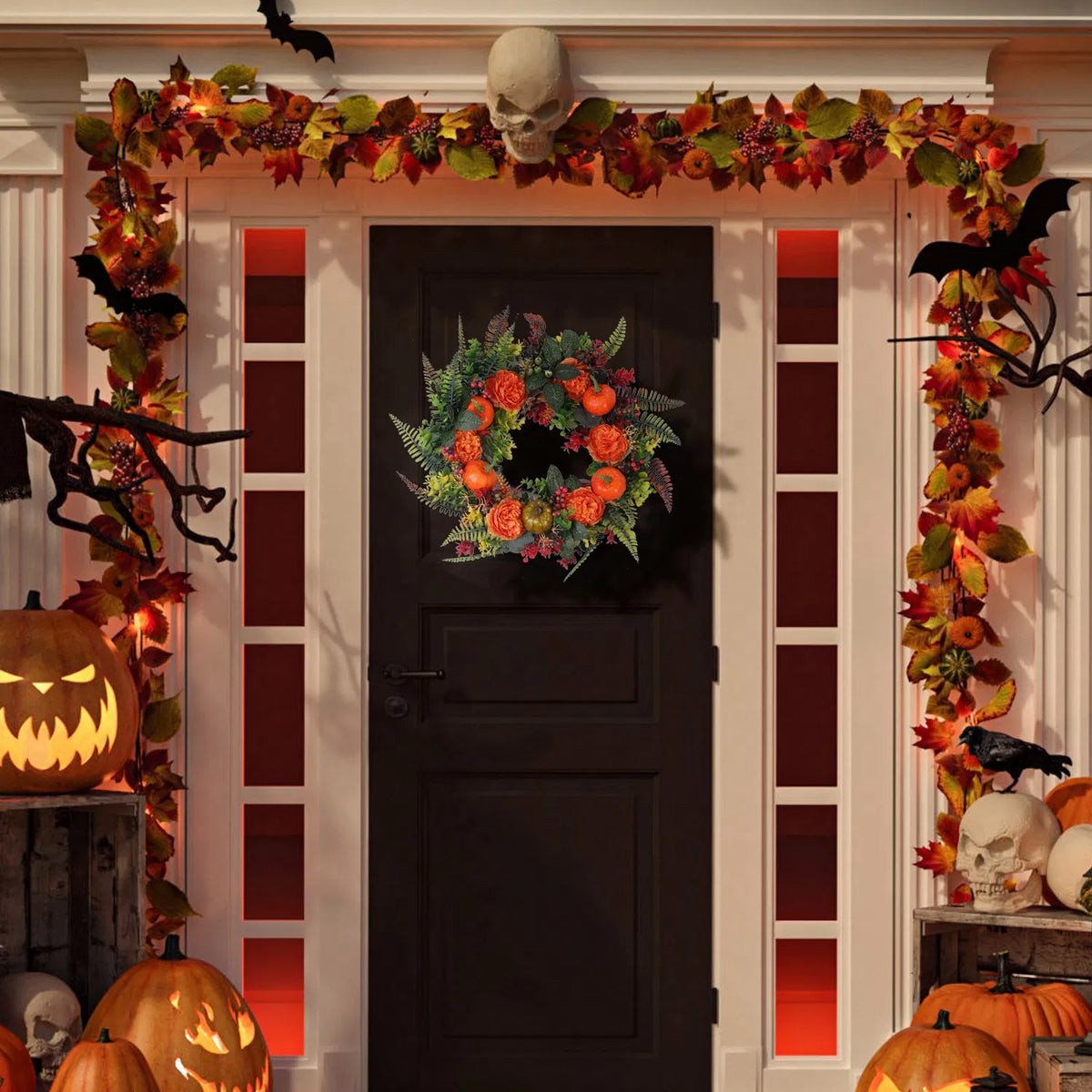 AEELLEEA 17.71in Artificial Fall Wreath with Pumpkin, Berries & Mixed Leaves, Autumn Front Door Wreath for Halloween Thanksgiving Indoor Outdoor