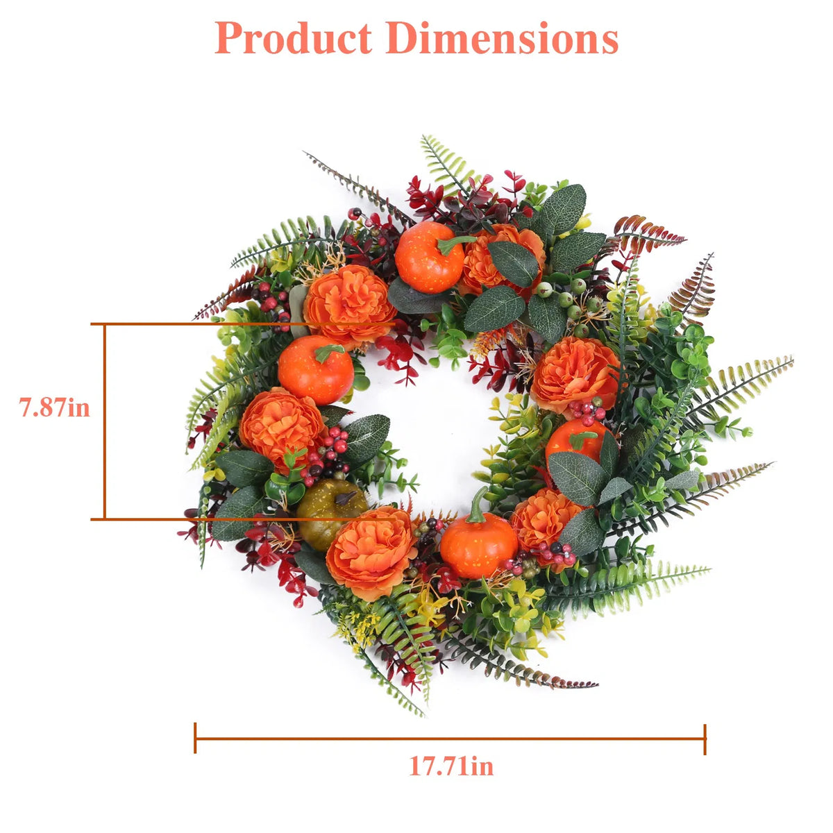 AEELLEEA 17.71in Artificial Fall Wreath with Pumpkin, Berries & Mixed Leaves, Autumn Front Door Wreath for Halloween Thanksgiving Indoor Outdoor
