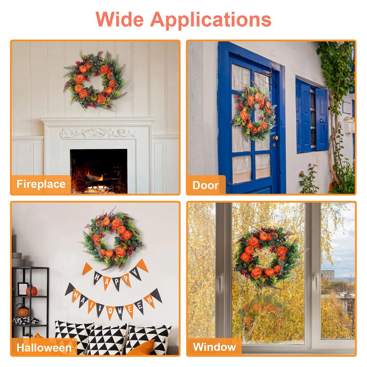 AEELLEEA 17.71in Artificial Fall Wreath with Pumpkin, Berries & Mixed Leaves, Autumn Front Door Wreath for Halloween Thanksgiving Indoor Outdoor