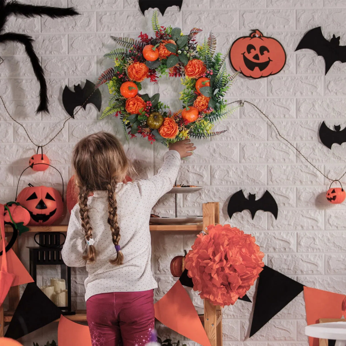 AEELLEEA 17.71in Artificial Fall Wreath with Pumpkin, Berries & Mixed Leaves, Autumn Front Door Wreath for Halloween Thanksgiving Indoor Outdoor