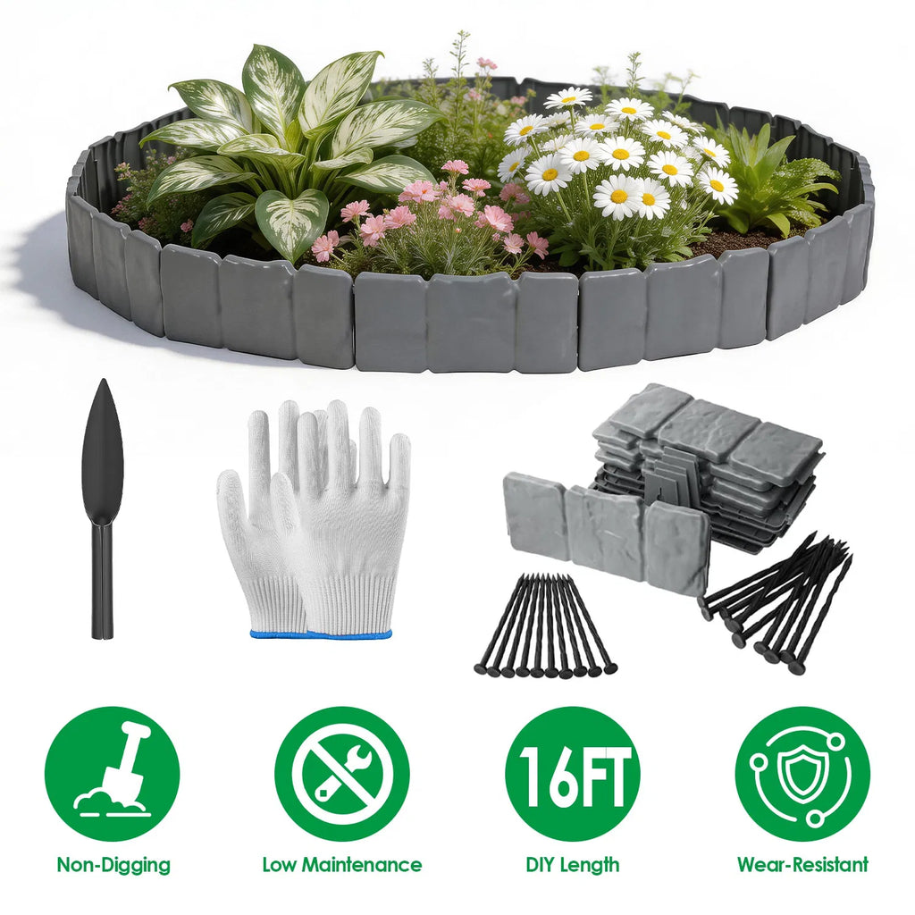 16FT Garden Landscape Edging Kit, 20 Pack Cobbled Stone Look Flexible Interlocking PVC No Dig Lawn Border for Flower Bed, Tree Ring, Yard & Pathway Decor