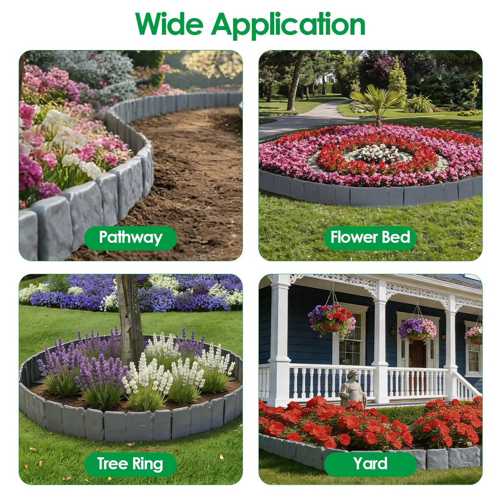 16FT Garden Landscape Edging Kit, 20 Pack Cobbled Stone Look Flexible Interlocking PVC No Dig Lawn Border for Flower Bed, Tree Ring, Yard & Pathway Decor