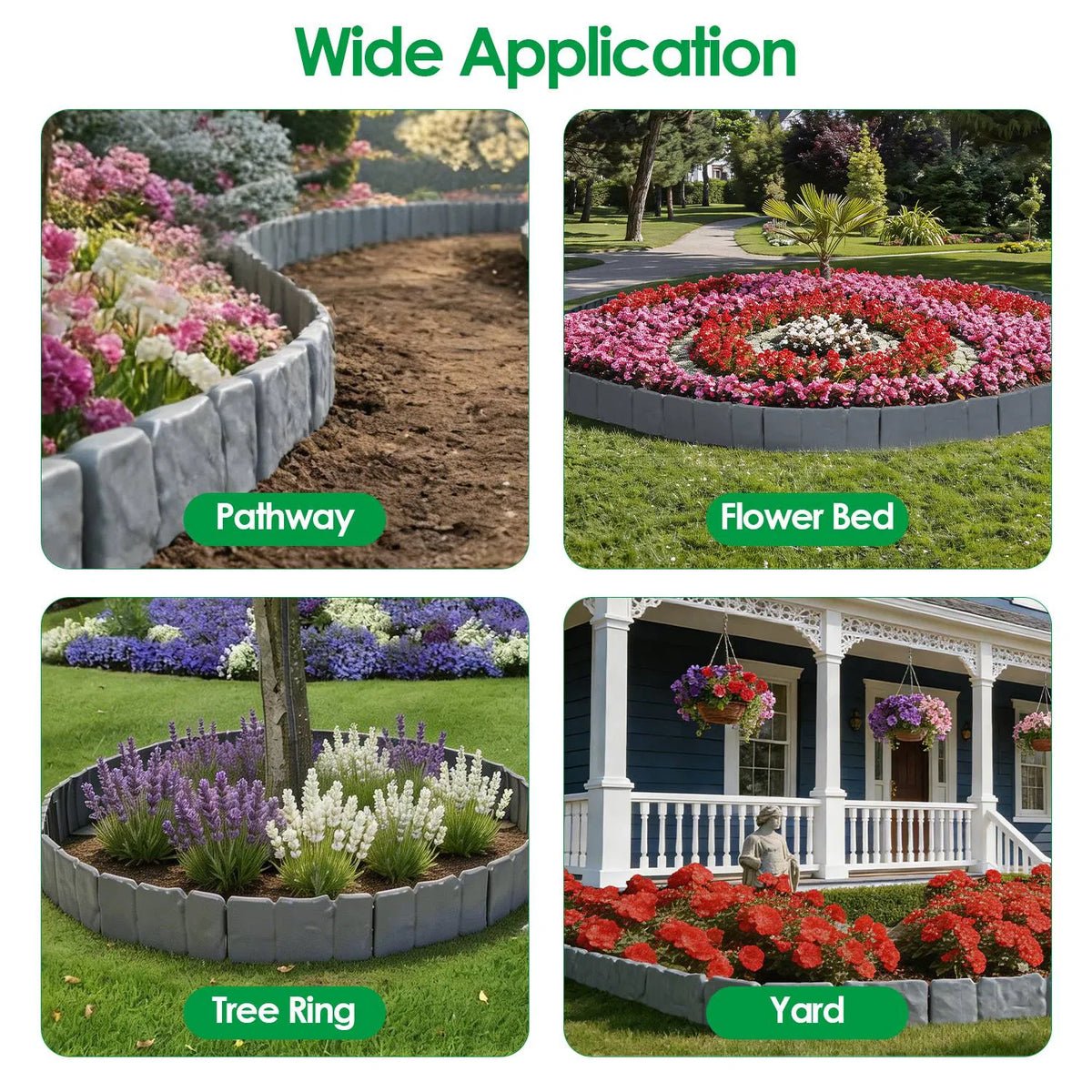 16FT Garden Landscape Edging Kit, 20 Pack Cobbled Stone Look Flexible Interlocking PVC No Dig Lawn Border for Flower Bed, Tree Ring, Yard & Pathway Decor