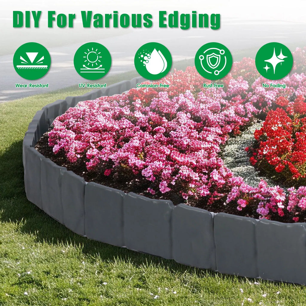 16FT Garden Landscape Edging Kit, 20 Pack Cobbled Stone Look Flexible Interlocking PVC No Dig Lawn Border for Flower Bed, Tree Ring, Yard & Pathway Decor