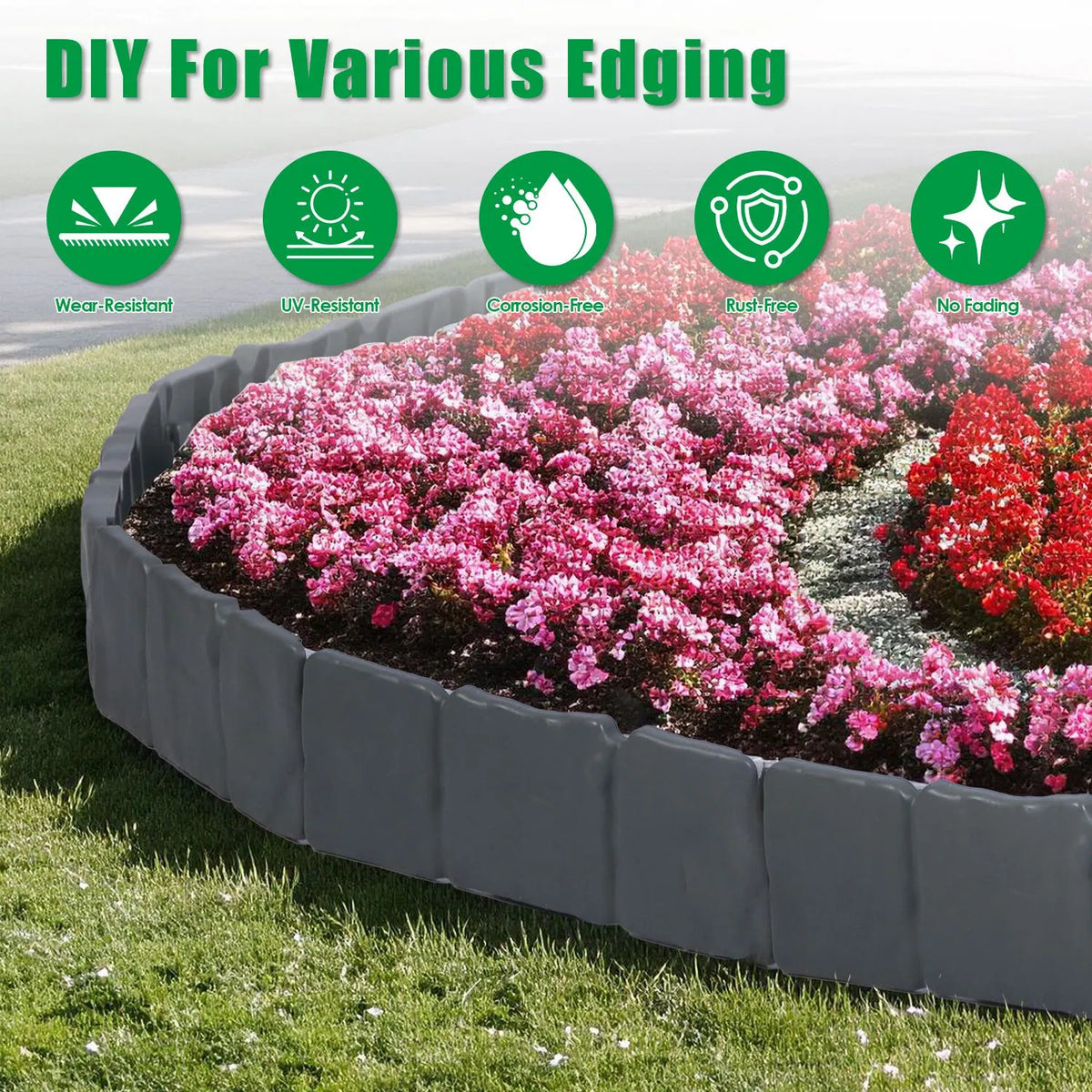 16FT Garden Landscape Edging Kit, 20 Pack Cobbled Stone Look Flexible Interlocking PVC No Dig Lawn Border for Flower Bed, Tree Ring, Yard & Pathway Decor