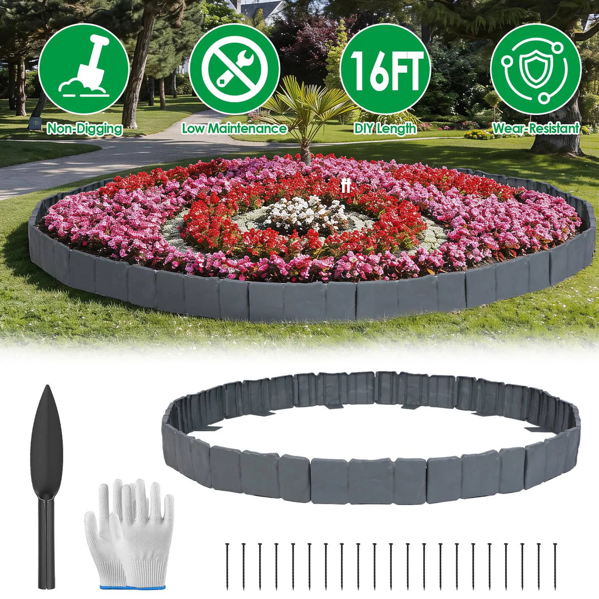 16FT Garden Landscape Edging Kit, 20 Pack Cobbled Stone Look Flexible Interlocking PVC No Dig Lawn Border for Flower Bed, Tree Ring, Yard & Pathway Decor