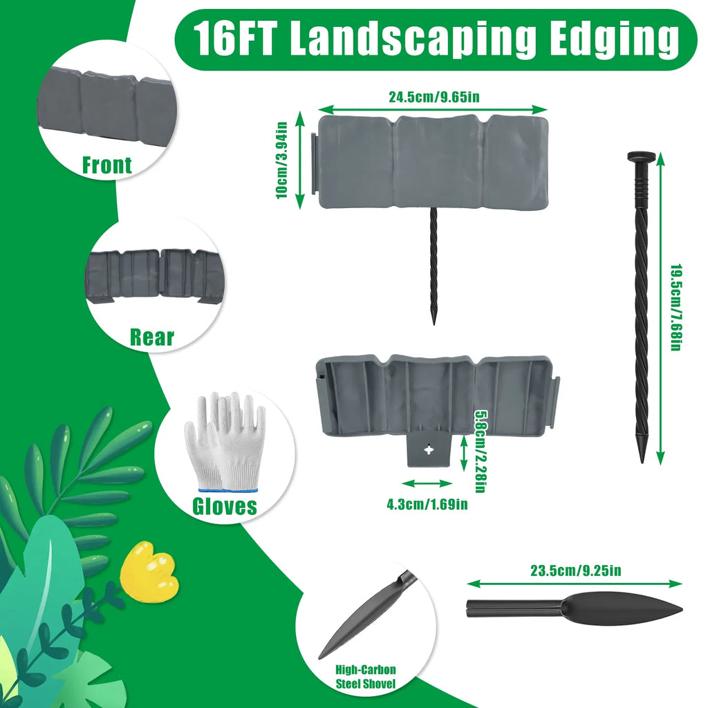 16FT Garden Landscape Edging Kit, 20 Pack Cobbled Stone Look Flexible Interlocking PVC No Dig Lawn Border for Flower Bed, Tree Ring, Yard & Pathway Decor