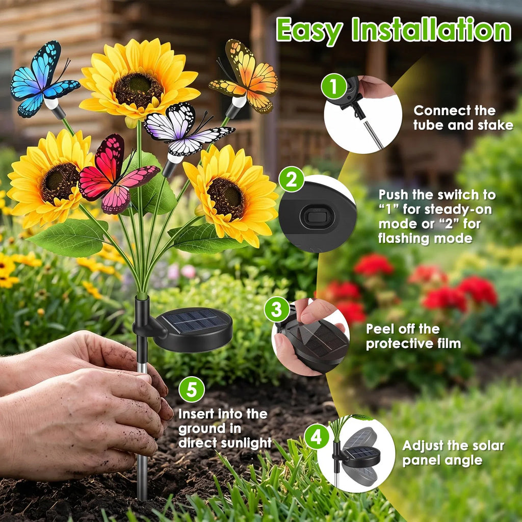 4 Pack Solar Sunflower Garden Stake Lights, 3 Sunflower Heads & Butterfly Decor, Warm White LED 2 Modes IP44 Waterproof Solar Flower Lights for Yard Patio Lawn Pathway