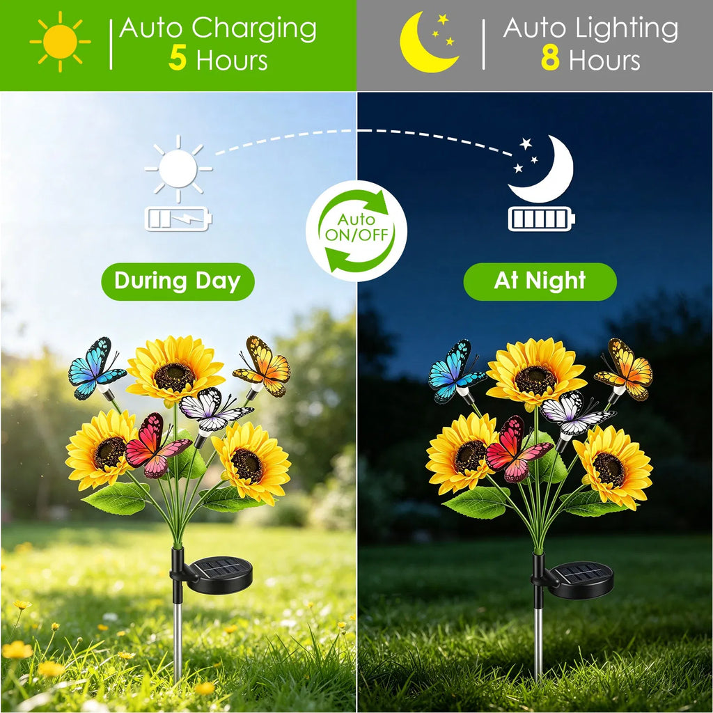 4 Pack Solar Sunflower Garden Stake Lights, 3 Sunflower Heads & Butterfly Decor, Warm White LED 2 Modes IP44 Waterproof Solar Flower Lights for Yard Patio Lawn Pathway
