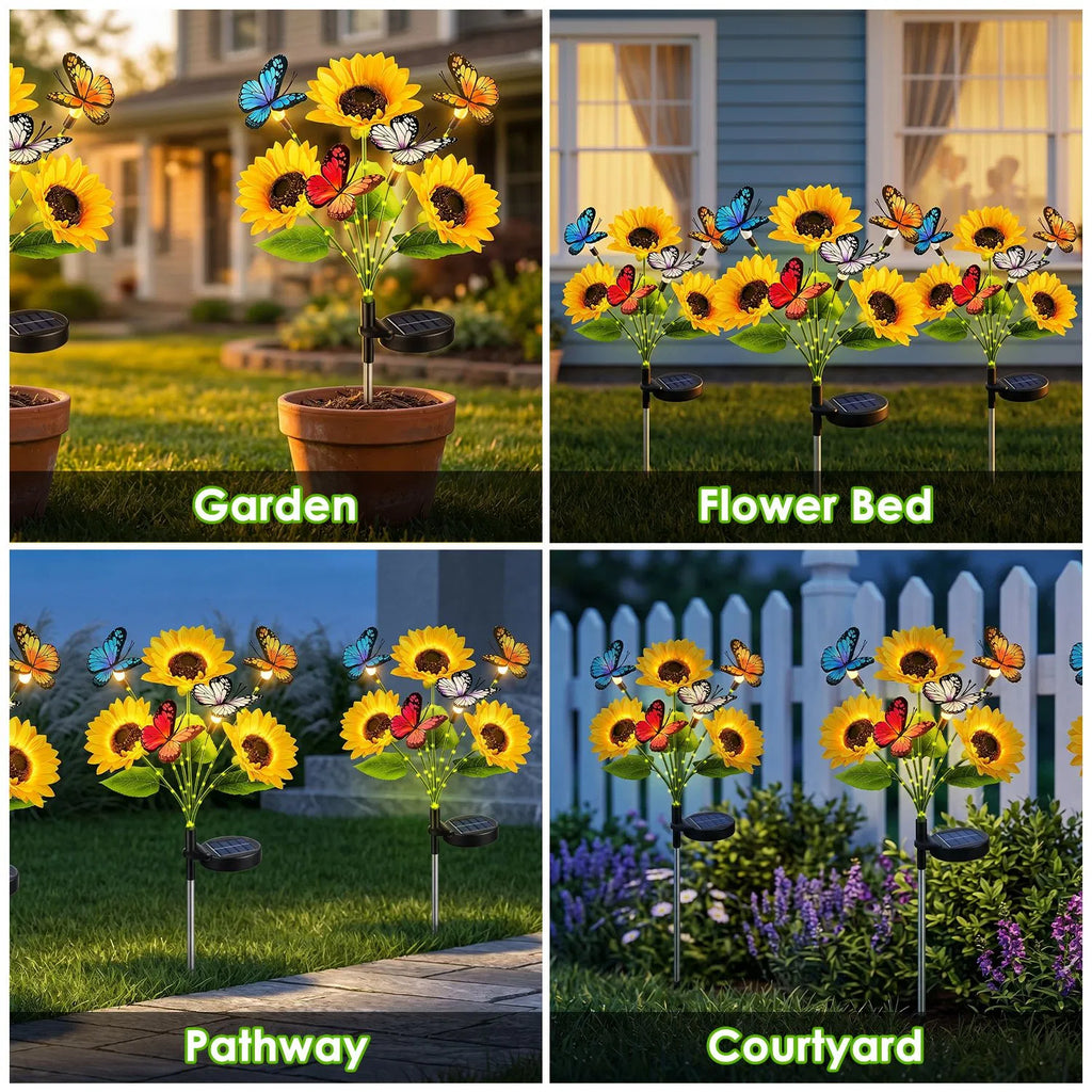 4 Pack Solar Sunflower Garden Stake Lights, 3 Sunflower Heads & Butterfly Decor, Warm White LED 2 Modes IP44 Waterproof Solar Flower Lights for Yard Patio Lawn Pathway