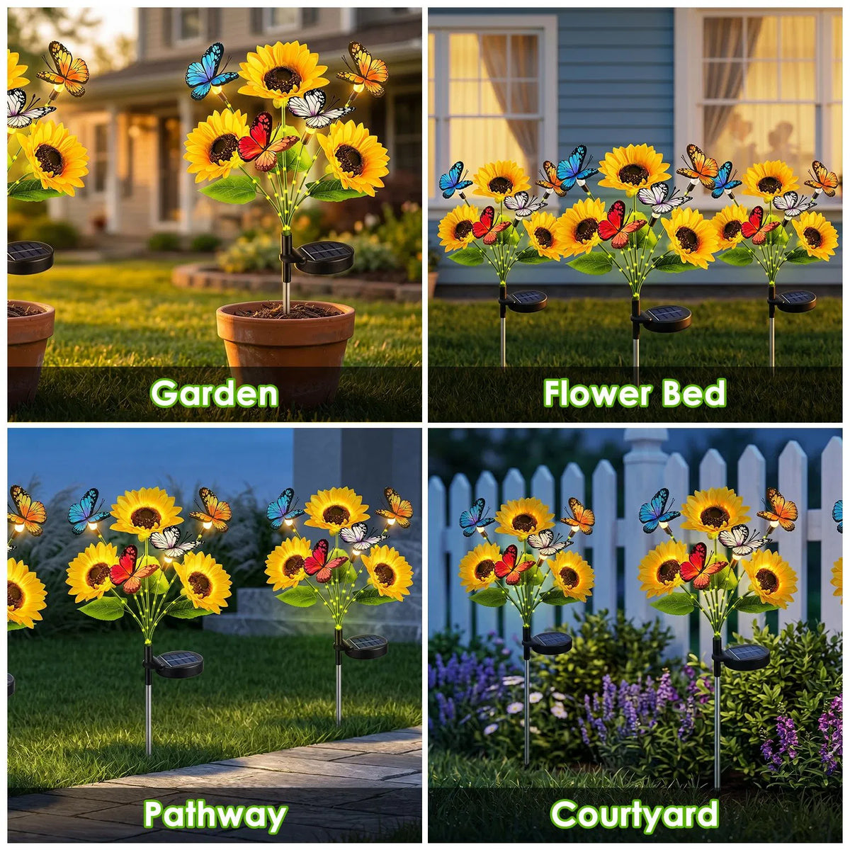 4 Pack Solar Sunflower Garden Stake Lights, 3 Sunflower Heads & Butterfly Decor, Warm White LED 2 Modes IP44 Waterproof Solar Flower Lights for Yard Patio Lawn Pathway