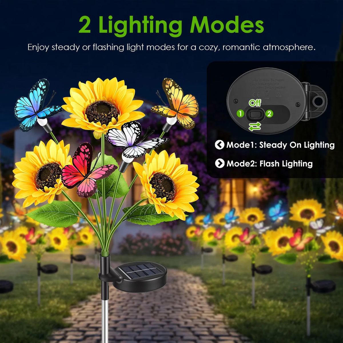 4 Pack Solar Sunflower Garden Stake Lights, 3 Sunflower Heads & Butterfly Decor, Warm White LED 2 Modes IP44 Waterproof Solar Flower Lights for Yard Patio Lawn Pathway