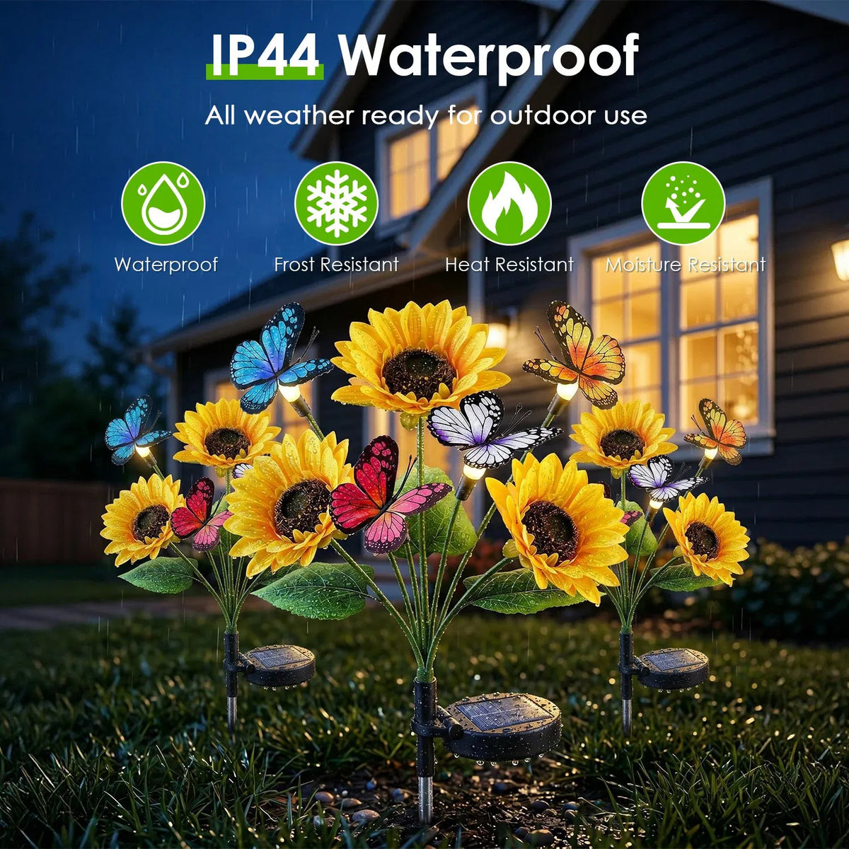 4 Pack Solar Sunflower Garden Stake Lights, 3 Sunflower Heads & Butterfly Decor, Warm White LED 2 Modes IP44 Waterproof Solar Flower Lights for Yard Patio Lawn Pathway