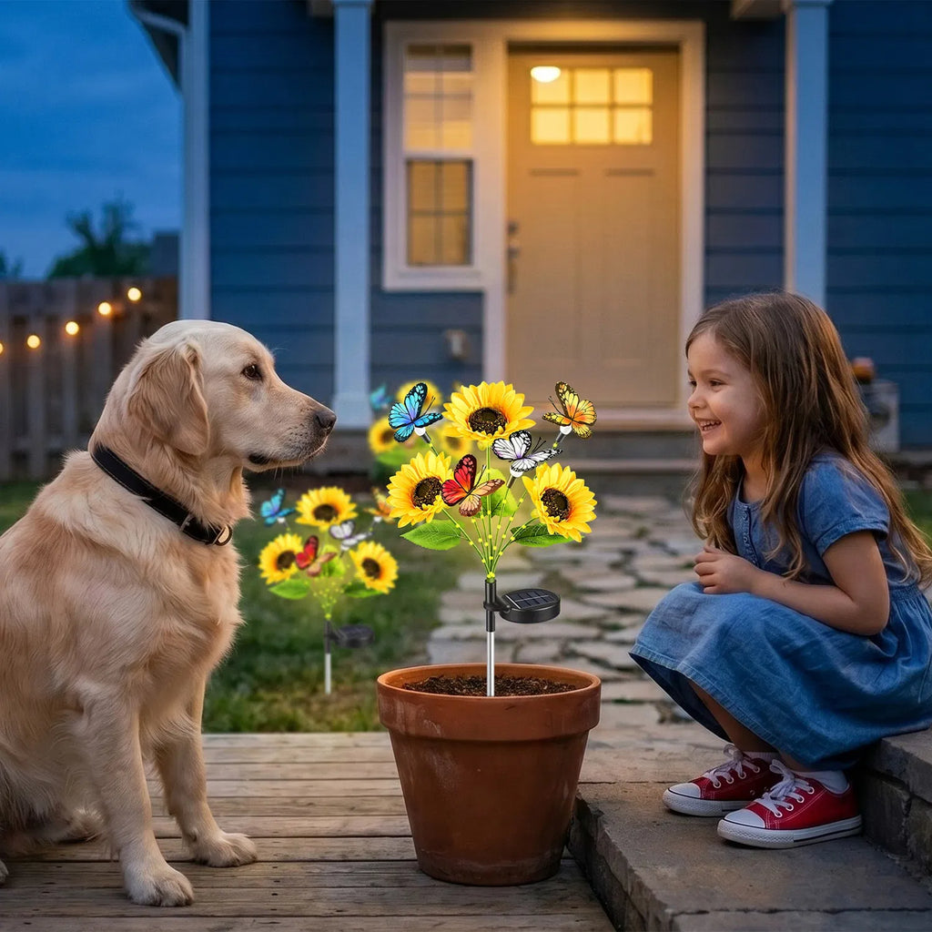 4 Pack Solar Sunflower Garden Stake Lights, 3 Sunflower Heads & Butterfly Decor, Warm White LED 2 Modes IP44 Waterproof Solar Flower Lights for Yard Patio Lawn Pathway