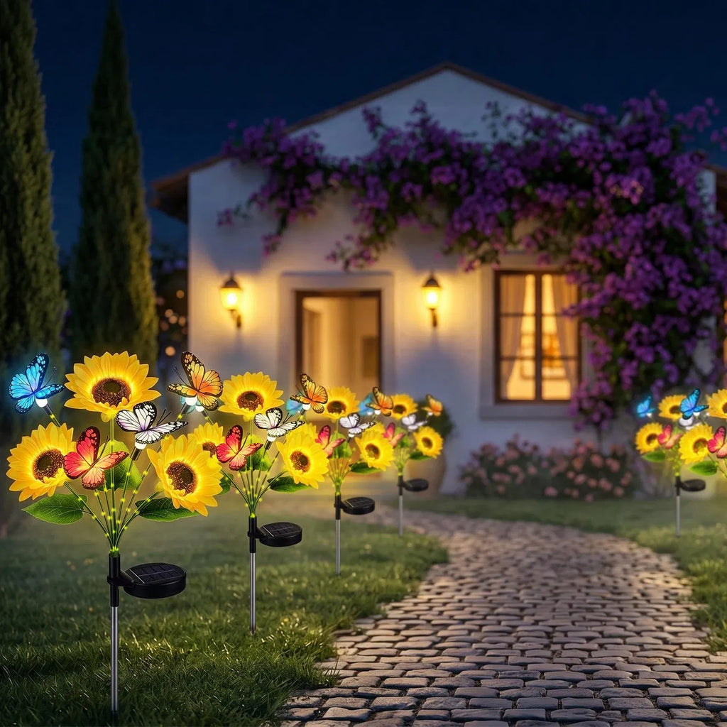4 Pack Solar Sunflower Garden Stake Lights, 3 Sunflower Heads & Butterfly Decor, Warm White LED 2 Modes IP44 Waterproof Solar Flower Lights for Yard Patio Lawn Pathway