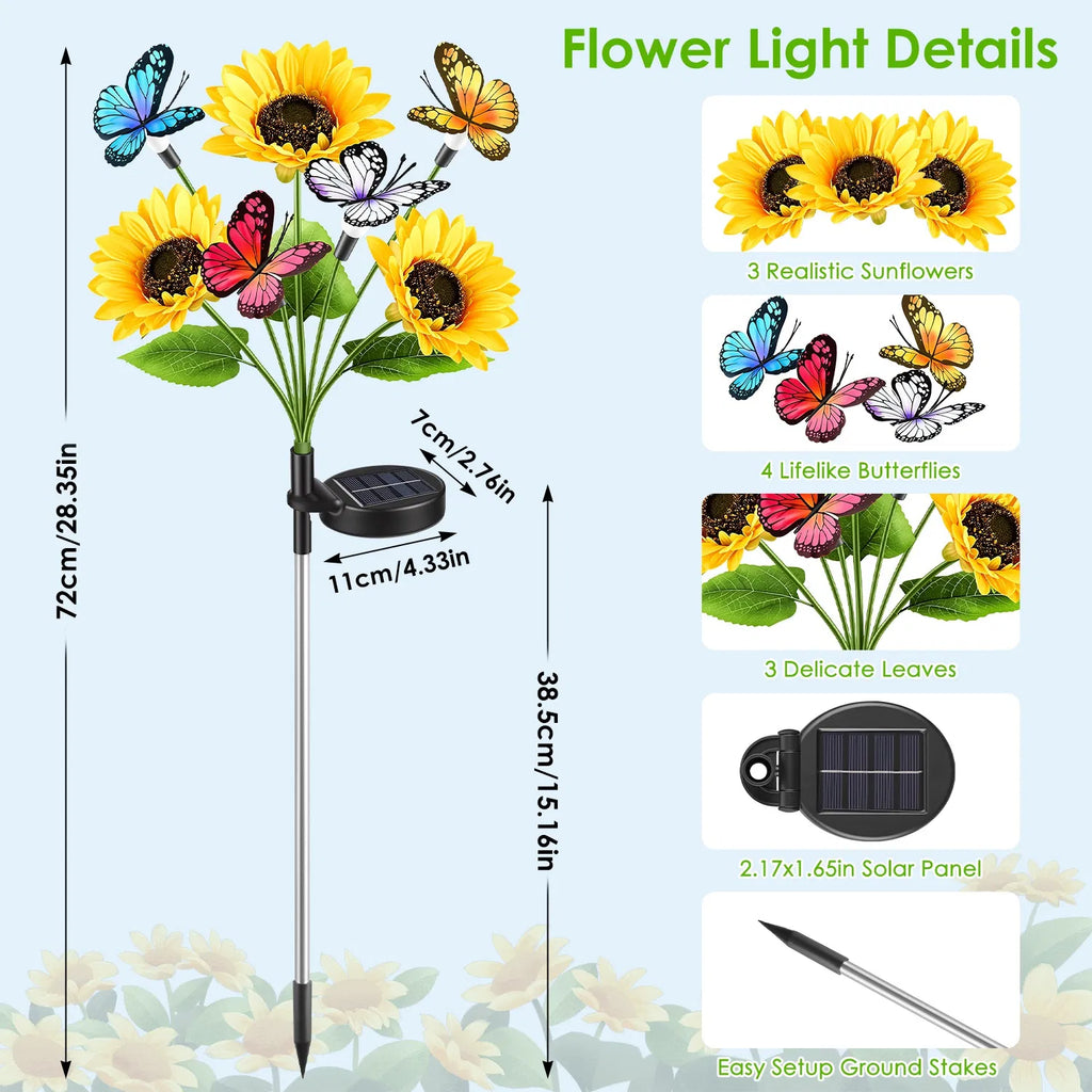 4 Pack Solar Sunflower Garden Stake Lights, 3 Sunflower Heads & Butterfly Decor, Warm White LED 2 Modes IP44 Waterproof Solar Flower Lights for Yard Patio Lawn Pathway