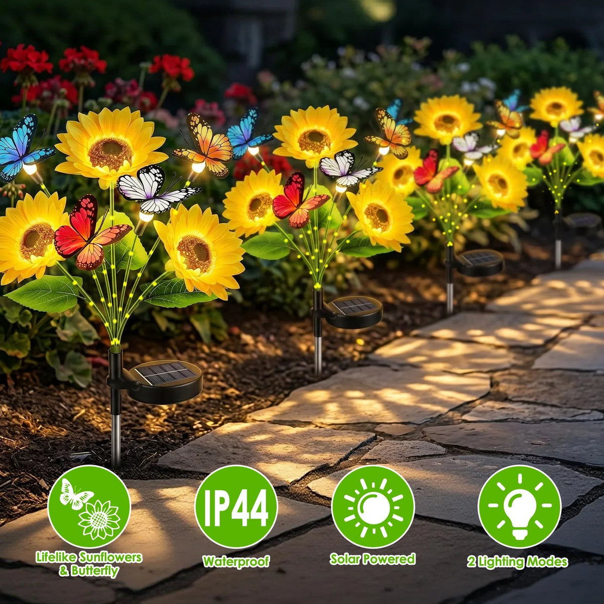 4 Pack Solar Sunflower Garden Stake Lights, 3 Sunflower Heads & Butterfly Decor, Warm White LED 2 Modes IP44 Waterproof Solar Flower Lights for Yard Patio Lawn Pathway