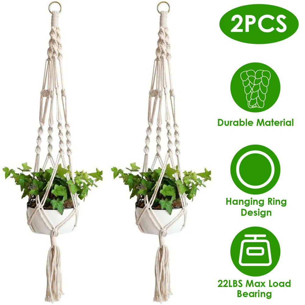 2 Pack 40 Inch Macrame Plant Hanger, Natural Cotton Rope Hanging Planter Holder, Boho Hand Woven Flower Pot Basket for Indoor Outdoor Home Decor, Fits 4-11 Inch Pots