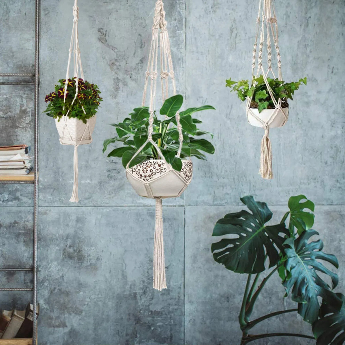2 Pack 40 Inch Macrame Plant Hanger, Natural Cotton Rope Hanging Planter Holder, Boho Hand Woven Flower Pot Basket for Indoor Outdoor Home Decor, Fits 4-11 Inch Pots