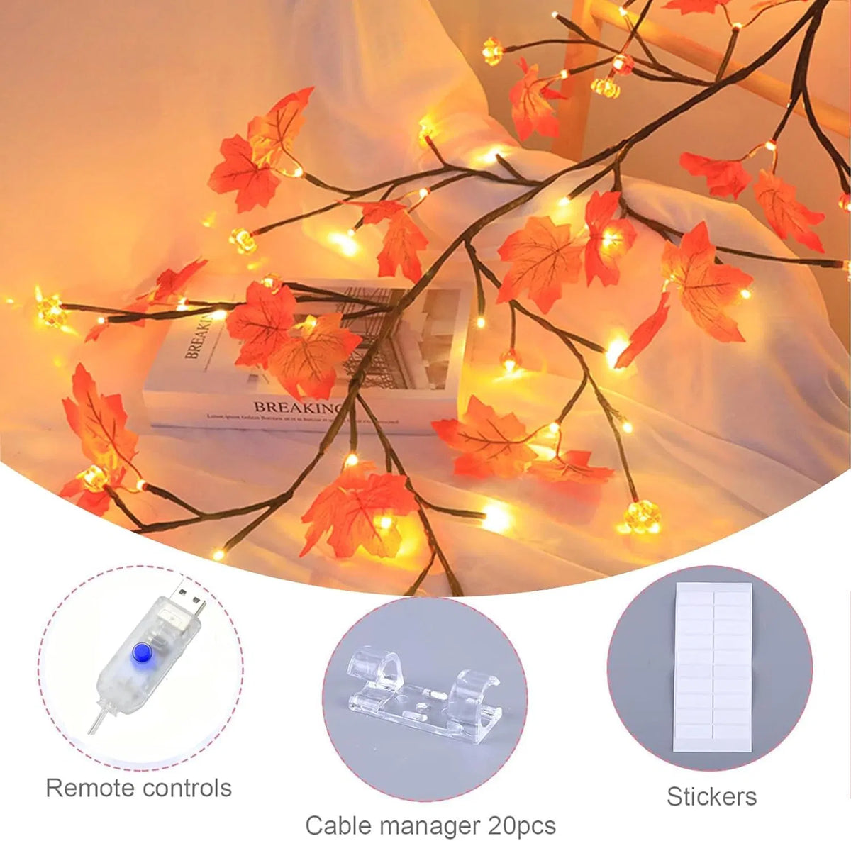 Lighted Artificial Maple Leaf Fall Garland, Bendable Pre-lit Autumn Leaf String Lights with Remote 8 Modes, Timer, USB/Battery Powered for Indoor Outdoor Halloween Thanksgiving Decor