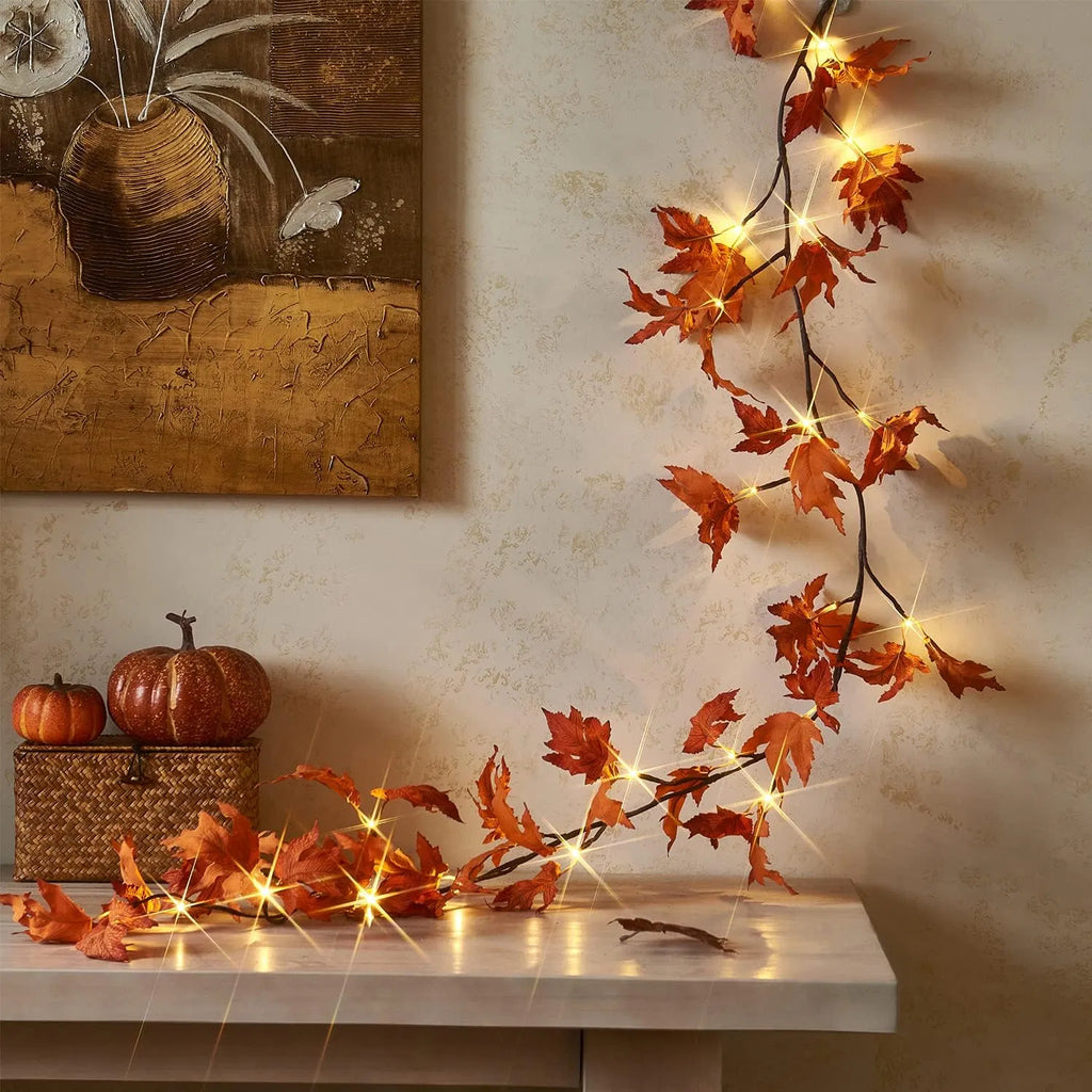 Lighted Artificial Maple Leaf Fall Garland, Bendable Pre-lit Autumn Leaf String Lights with Remote 8 Modes, Timer, USB/Battery Powered for Indoor Outdoor Halloween Thanksgiving Decor