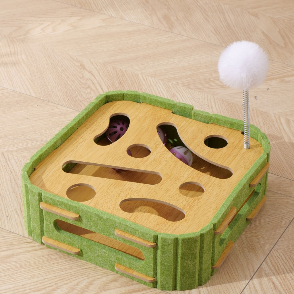AEELLEEA Interactive Cat Toy Box, Cat Scratcher Puzzle Box with Rolling Balls and Spring Teaser, Felt Sisal Toy for Indoor Cats