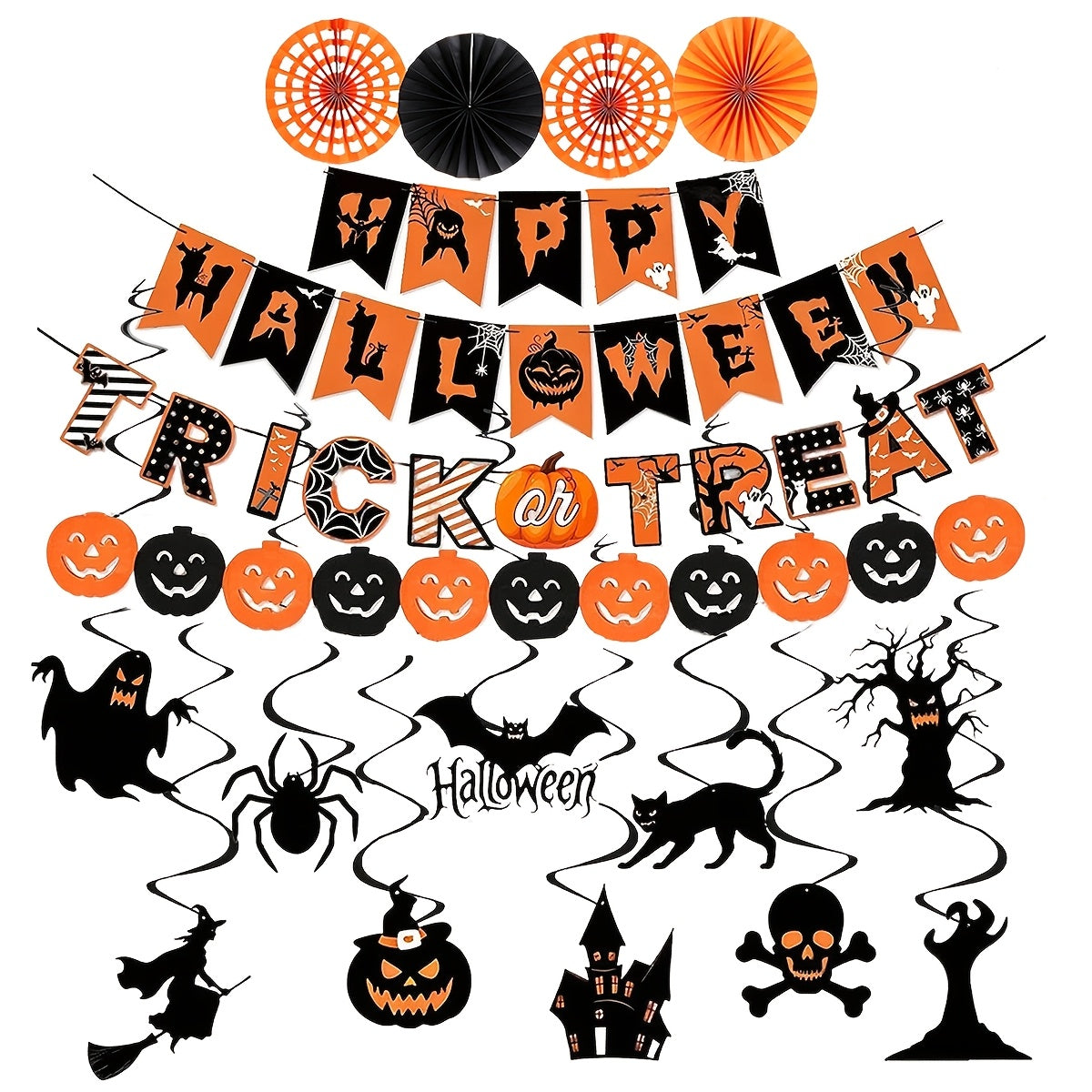 AEELLEEA Halloween Party Decorations, Banner Paper Fans Hanging Swirls, Pumpkin Ghost Bat Cutouts for Home Office Haunted House