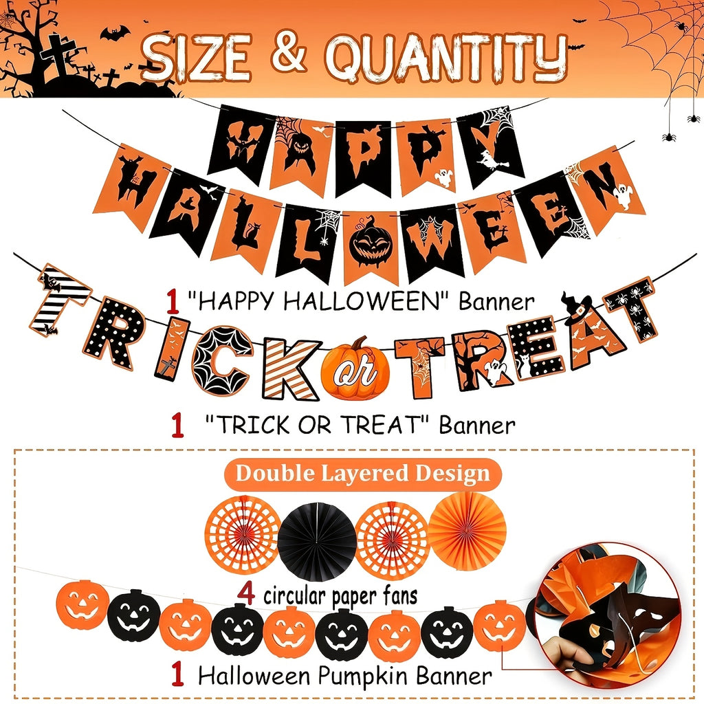AEELLEEA Halloween Party Decorations, Banner Paper Fans Hanging Swirls, Pumpkin Ghost Bat Cutouts for Home Office Haunted House