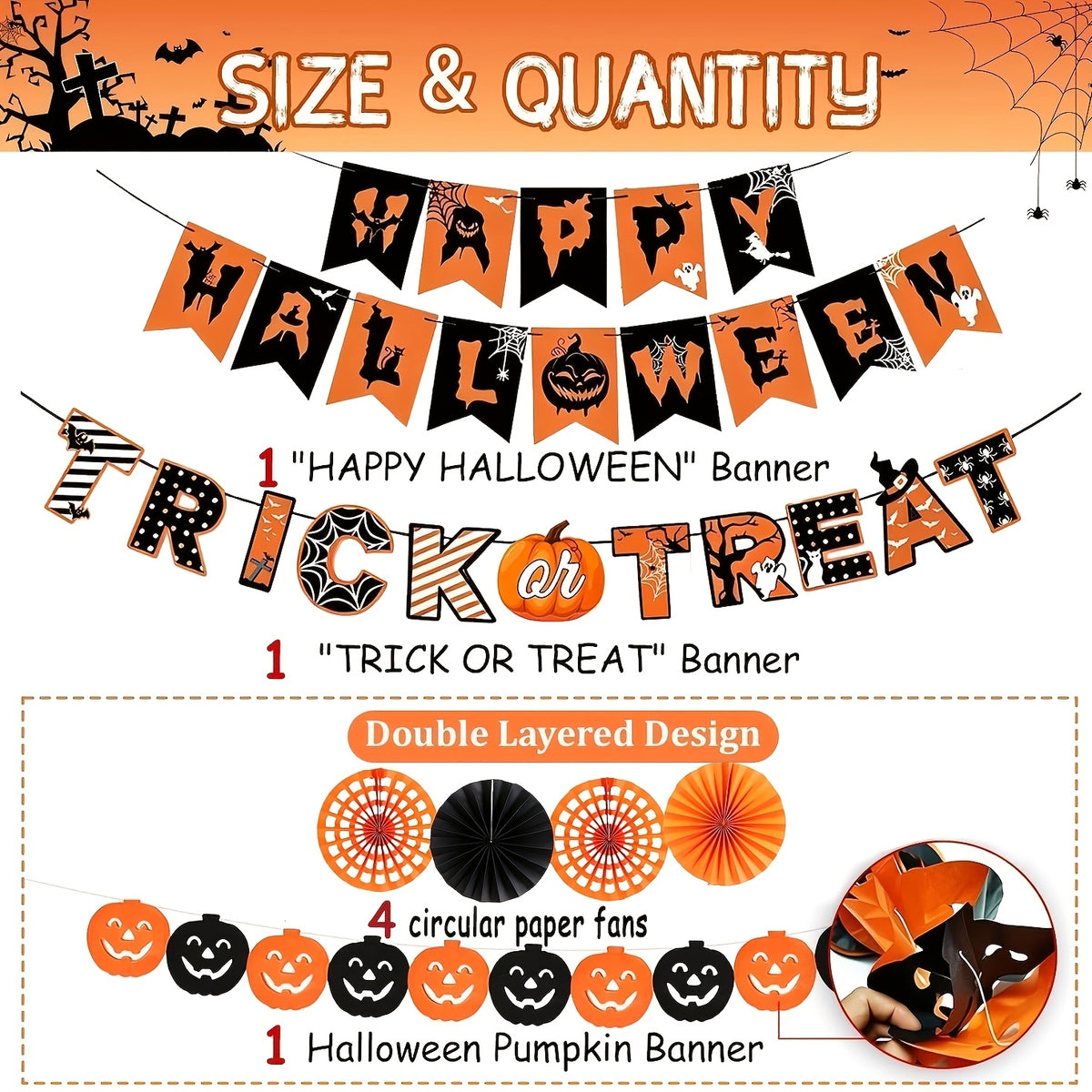 AEELLEEA Halloween Party Decorations, Banner Paper Fans Hanging Swirls, Pumpkin Ghost Bat Cutouts for Home Office Haunted House