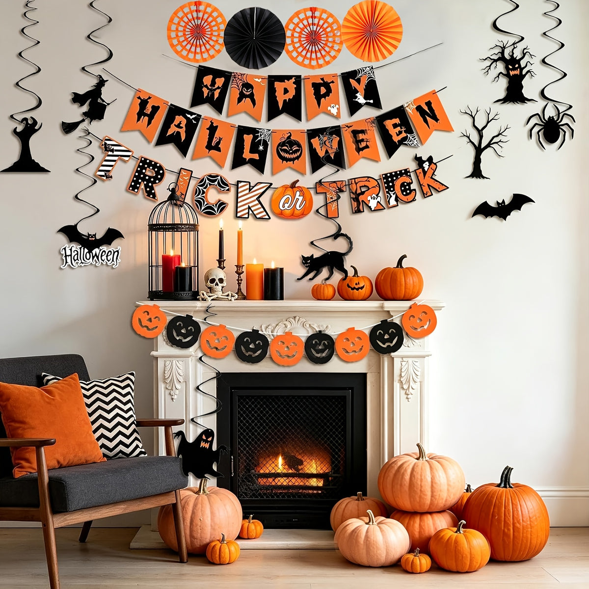 AEELLEEA Halloween Party Decorations, Banner Paper Fans Hanging Swirls, Pumpkin Ghost Bat Cutouts for Home Office Haunted House